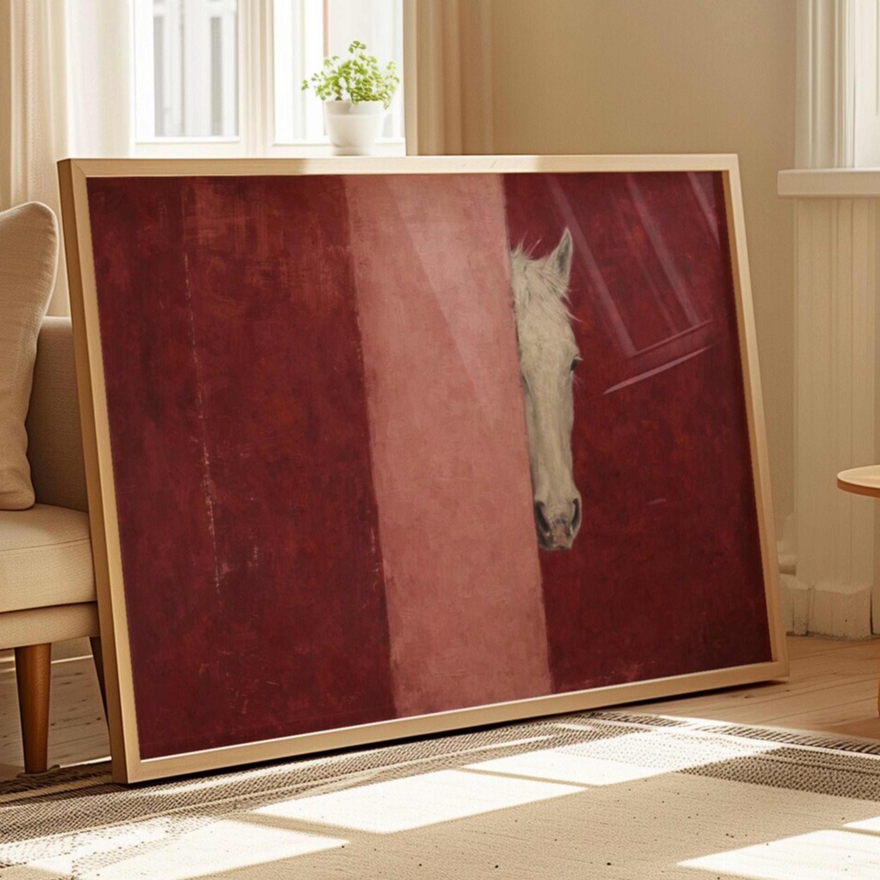 The Hidden Horse is a Contemporary Oil Painting Horse Art Print in pink and ruby burgundy tones, featuring a minimalist Horse Portrait