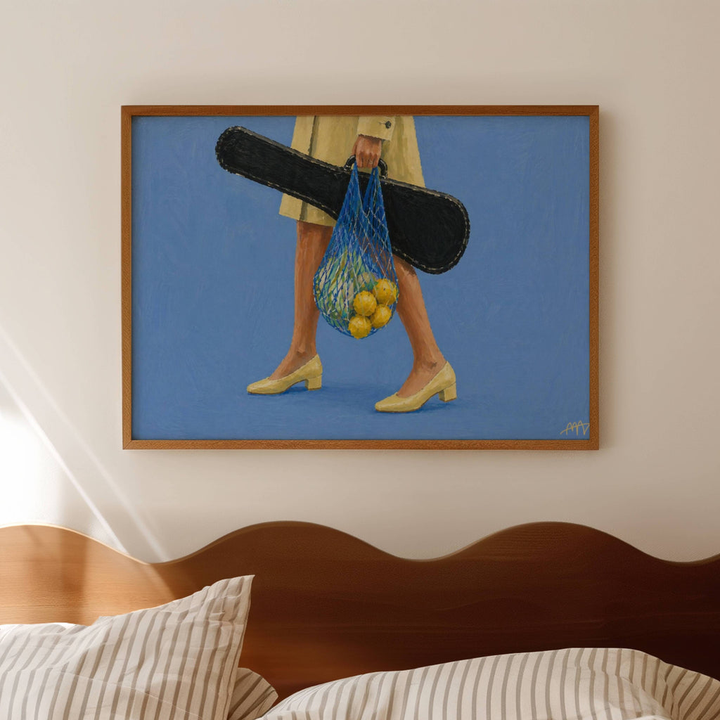 The Lemon Walk hand painted Contemporary and figurative wall art of a woman carrying lemons in a net bag alongside a guitar case against a blue background with expressive painterly texture. Minimalist Mid century modern Summer oil painting with lemons, vintage heels and a guitar case in cinematic composition.
