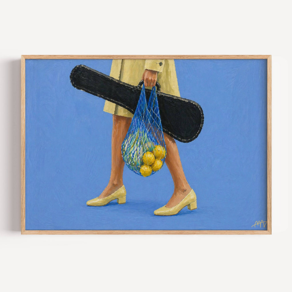 The Lemon Walk hand painted Contemporary and figurative wall art of a woman carrying lemons in a net bag alongside a guitar case against a blue background with expressive painterly texture. Minimalist Mid century modern Summer oil painting with lemons, vintage heels and a guitar case in cinematic composition.
