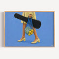 The Lemon Walk hand painted Contemporary and figurative wall art of a woman carrying lemons in a net bag alongside a guitar case against a blue background with expressive painterly texture. Minimalist Mid century modern Summer oil painting with lemons, vintage heels and a guitar case in cinematic composition.
