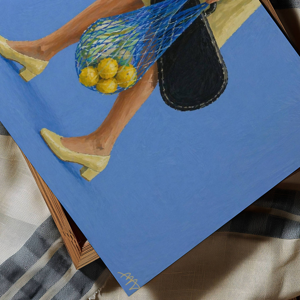 The Lemon Walk hand painted Contemporary and figurative wall art of a woman carrying lemons in a net bag alongside a guitar case against a blue background with expressive painterly texture. Minimalist Mid century modern Summer oil painting with lemons, vintage heels and a guitar case in cinematic composition