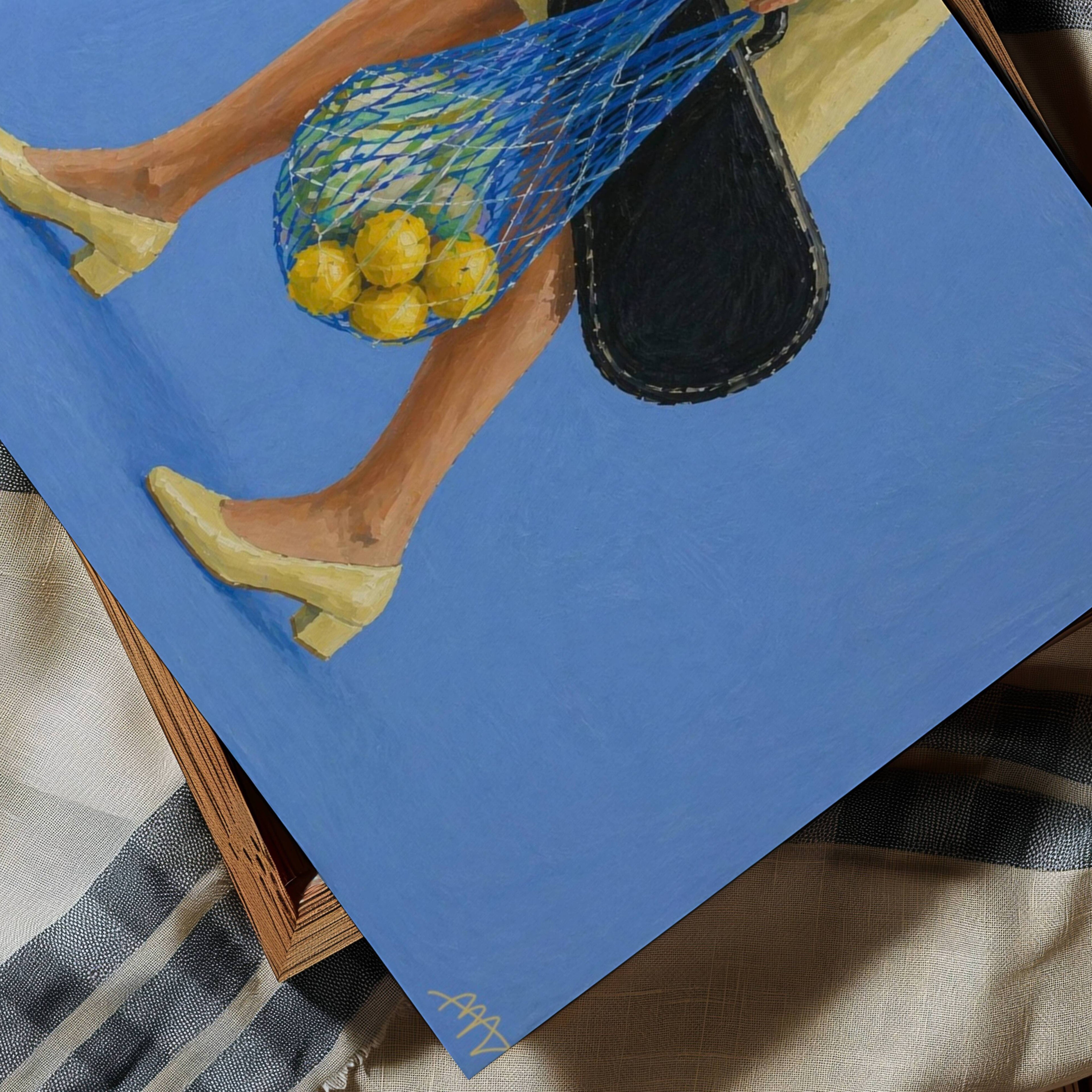 The Lemon Walk hand painted Contemporary and figurative wall art of a woman carrying lemons in a net bag alongside a guitar case against a blue background with expressive painterly texture. Minimalist Mid century modern Summer oil painting with lemons, vintage heels and a guitar case in cinematic composition