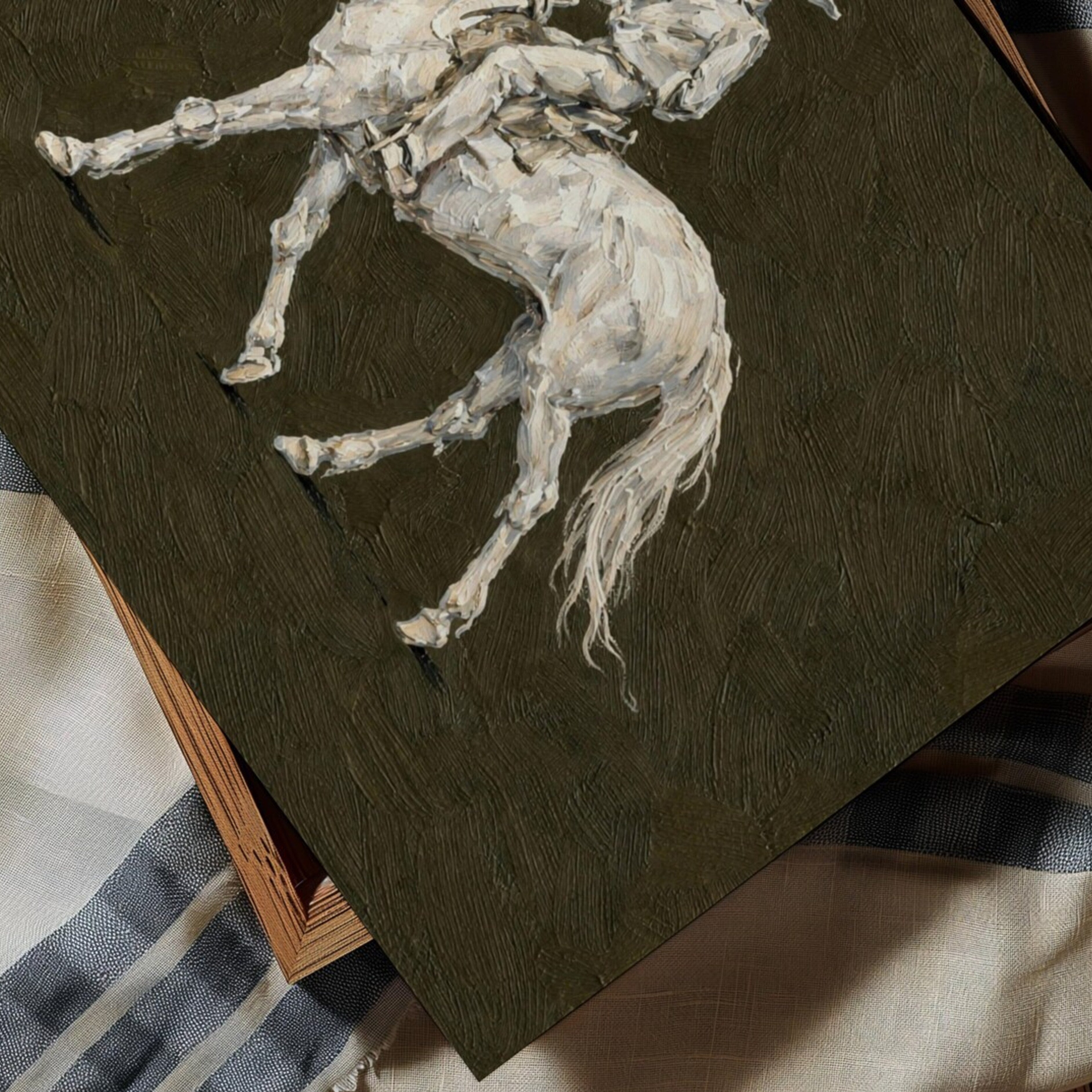 The Lone Rider is a minimalist Western Horse Artwork Featuring solitary rider cowboy on horseback against khaki background. This is a western Cowboy Oil painting wall art with painterly effect