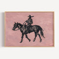 The Lone Rider is a minimalist Western Horse Artwork Featuring solitary rider cowboy on horseback against dusty rose pink background. This is a western Cowboy Oil painting wall art with painterly effect