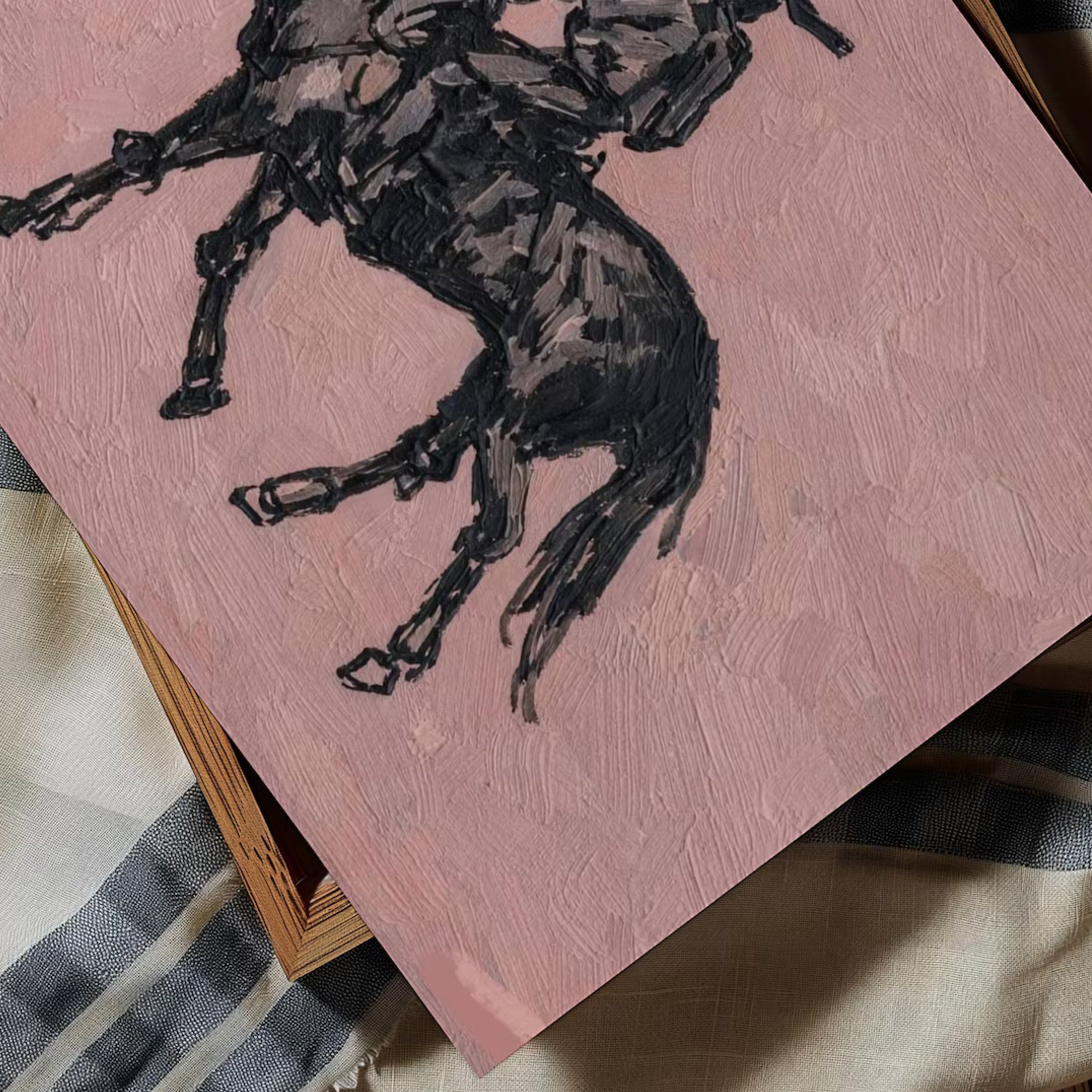 The Lone Rider is a minimalist Western Horse Artwork Featuring solitary rider cowboy on horseback against dusty rose pink background. This is a western Cowboy Oil painting wall art with painterly effect