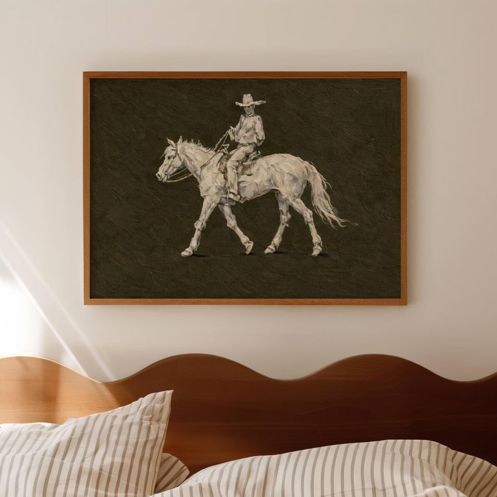 The Lone Rider is a minimalist Western Horse Artwork Featuring solitary rider cowboy on horseback against khaki background. This is a western Cowboy Oil painting wall art with painterly effect