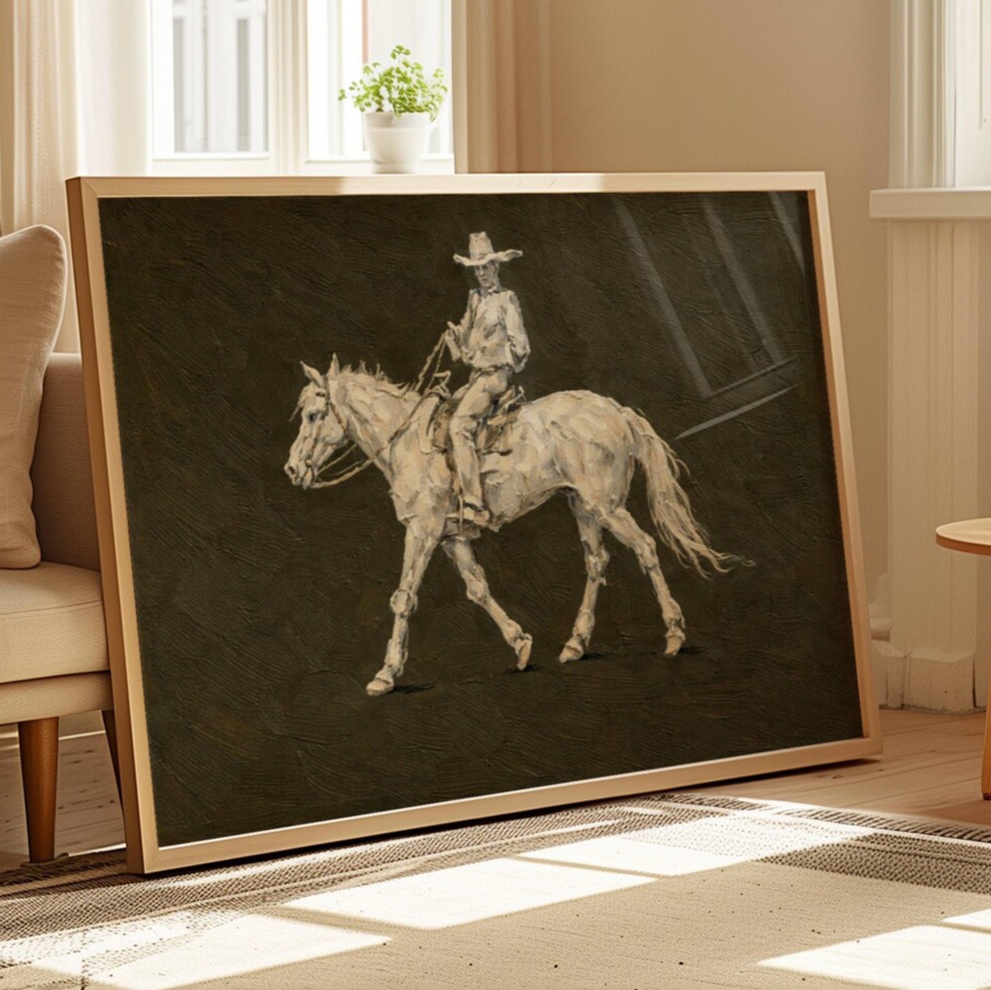 The Lone Rider is a minimalist Western Horse Artwork Featuring solitary rider cowboy on horseback against khaki background. This is a western Cowboy Oil painting wall art with painterly effect
