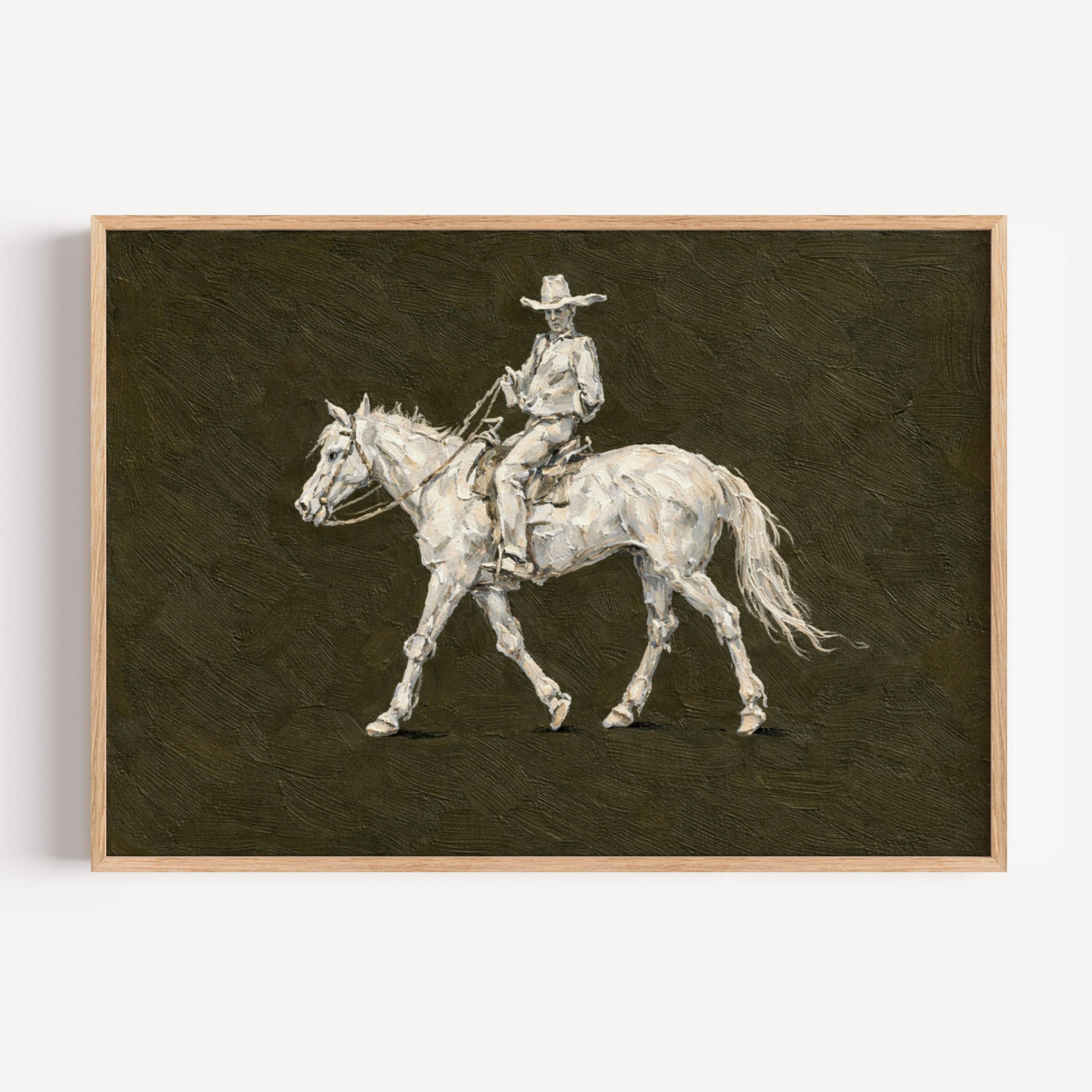 The Lone Rider is a minimalist Western Horse Artwork Featuring solitary rider cowboy on horseback against Khaki Green background. This is a western Cowboy Oil painting wall art with painterly effect
