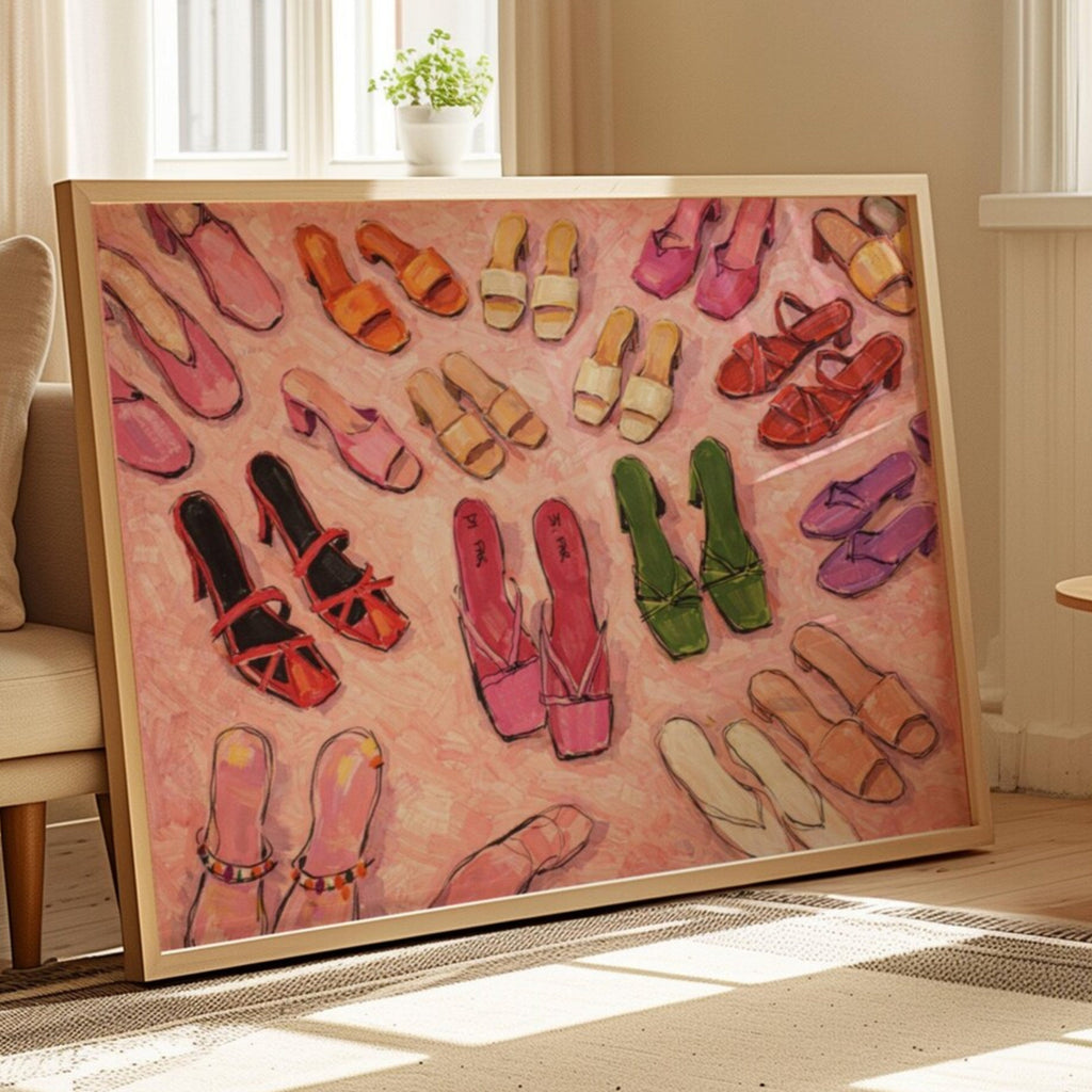 playful collection of colourful heels in an oil painting wall art print with expressive brushwork, feminine colour palettes and contemporary fashion illustration.Playful yet sophisticated, this print brings personality, colour and fashion-focused charm to bedrooms, dressing rooms, walk-in closets, creative studios and stylish interiors. Inspired by fashion editorials, vintage illustrations and the relationship between women and their shoes, this piece celebrates individuality, self-expression everyday glamo
