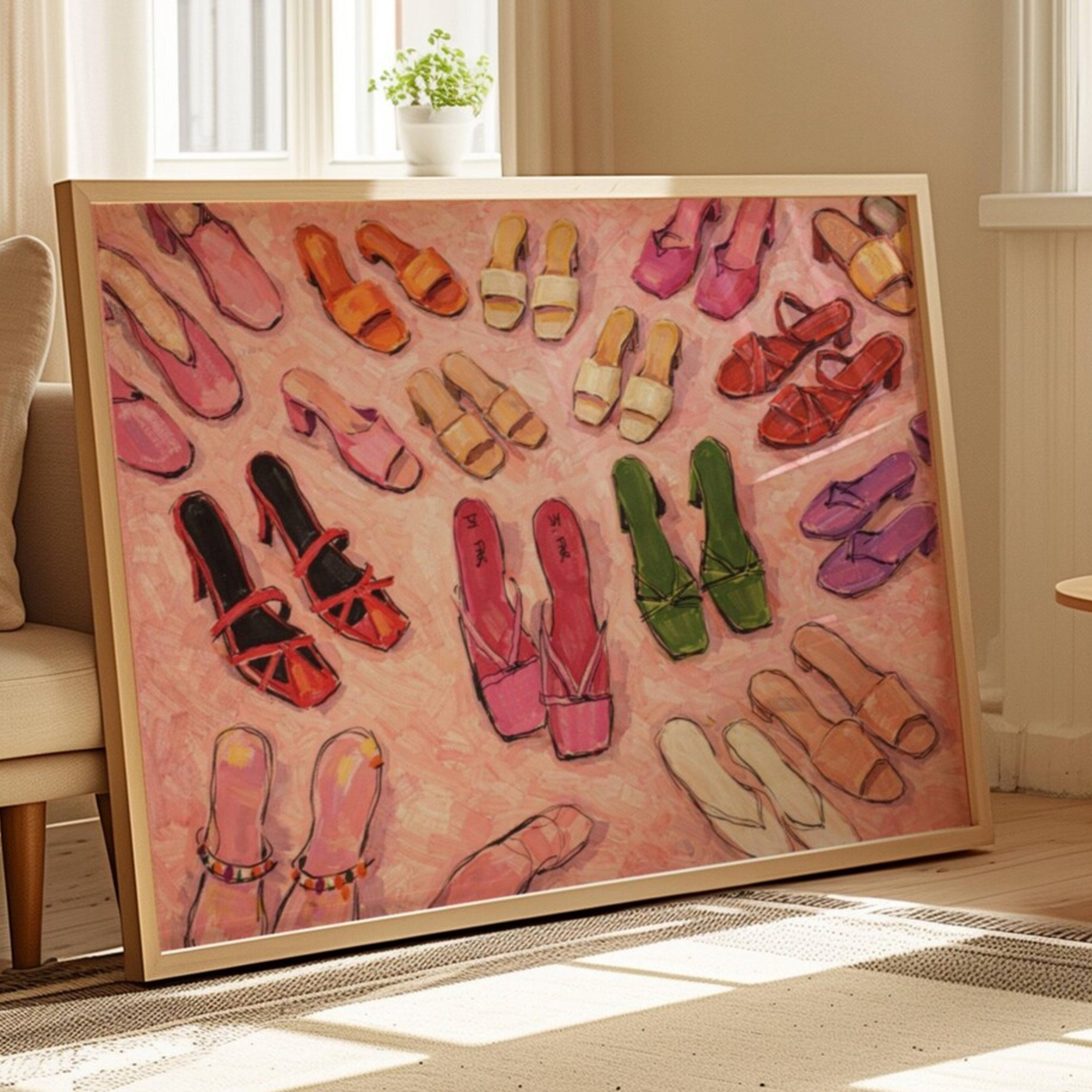 playful collection of colourful heels in an oil painting wall art print with expressive brushwork, feminine colour palettes and contemporary fashion illustration.Playful yet sophisticated, this print brings personality, colour and fashion-focused charm to bedrooms, dressing rooms, walk-in closets, creative studios and stylish interiors. Inspired by fashion editorials, vintage illustrations and the relationship between women and their shoes, this piece celebrates individuality, self-expression everyday glamo