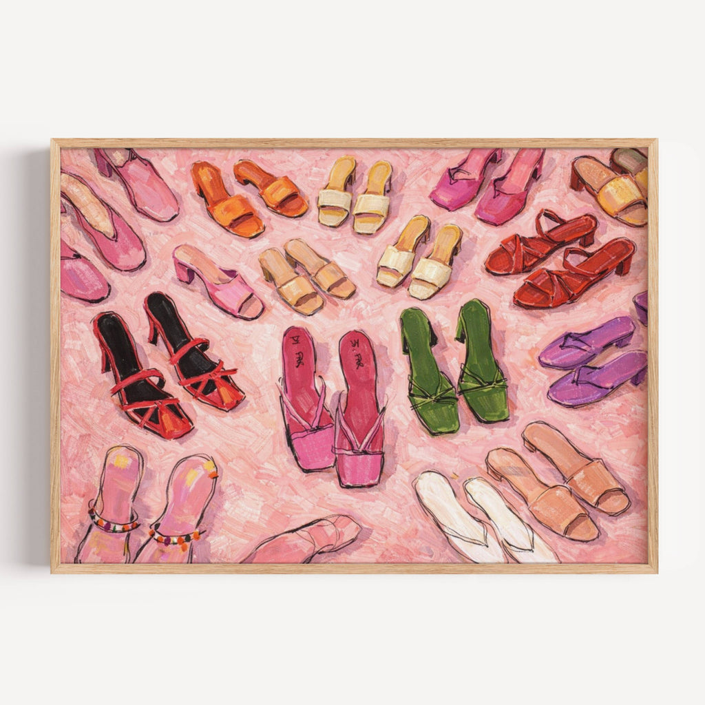 playful collection of colourful heels in an oil painting wall art print with expressive brushwork, feminine colour palettes and contemporary fashion illustration.Playful yet sophisticated, this print brings personality, colour and fashion-focused charm to bedrooms, dressing rooms, walk-in closets, creative studios and stylish interiors. Inspired by fashion editorials, vintage illustrations and the relationship between women and their  shoes, this piece celebrates individuality, self-expression