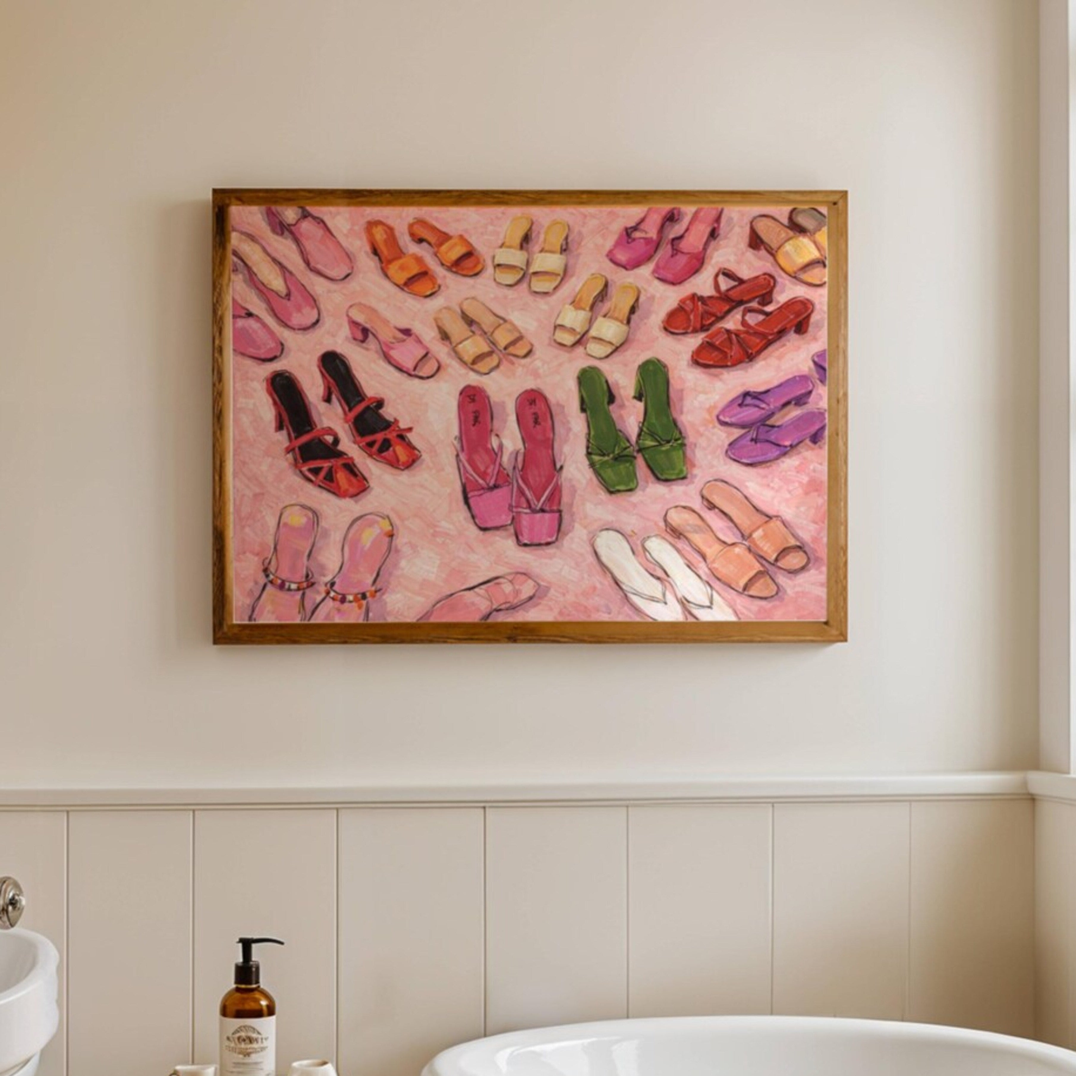 playful collection of colourful heels in an oil painting wall art print with expressive brushwork, feminine colour palettes and contemporary fashion illustration.Playful yet sophisticated, this print brings personality, colour and fashion-focused charm to bedrooms, dressing rooms, walk-in closets, creative studios and stylish interiors. Inspired by fashion editorials, vintage illustrations and the relationship between women and their shoes, this piece celebrates individuality, self-expression everyday glamo