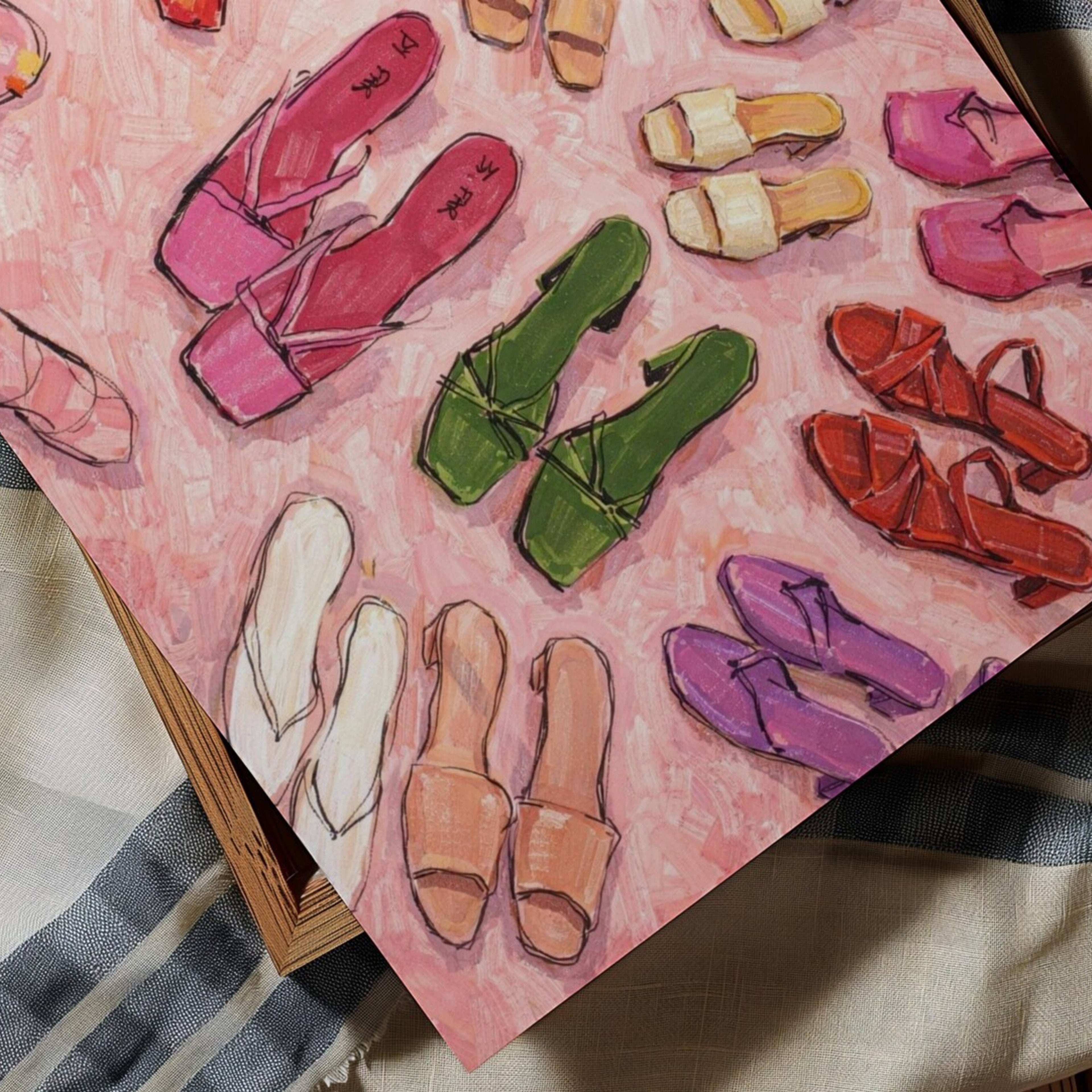 Illustrations of colorful shoes on a pink background