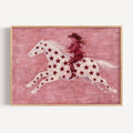 contemporary western folk style artwork of a cowgirl woman riding a star patterned horse with red burgundy stars on a pink background. hand drawn painterly effect