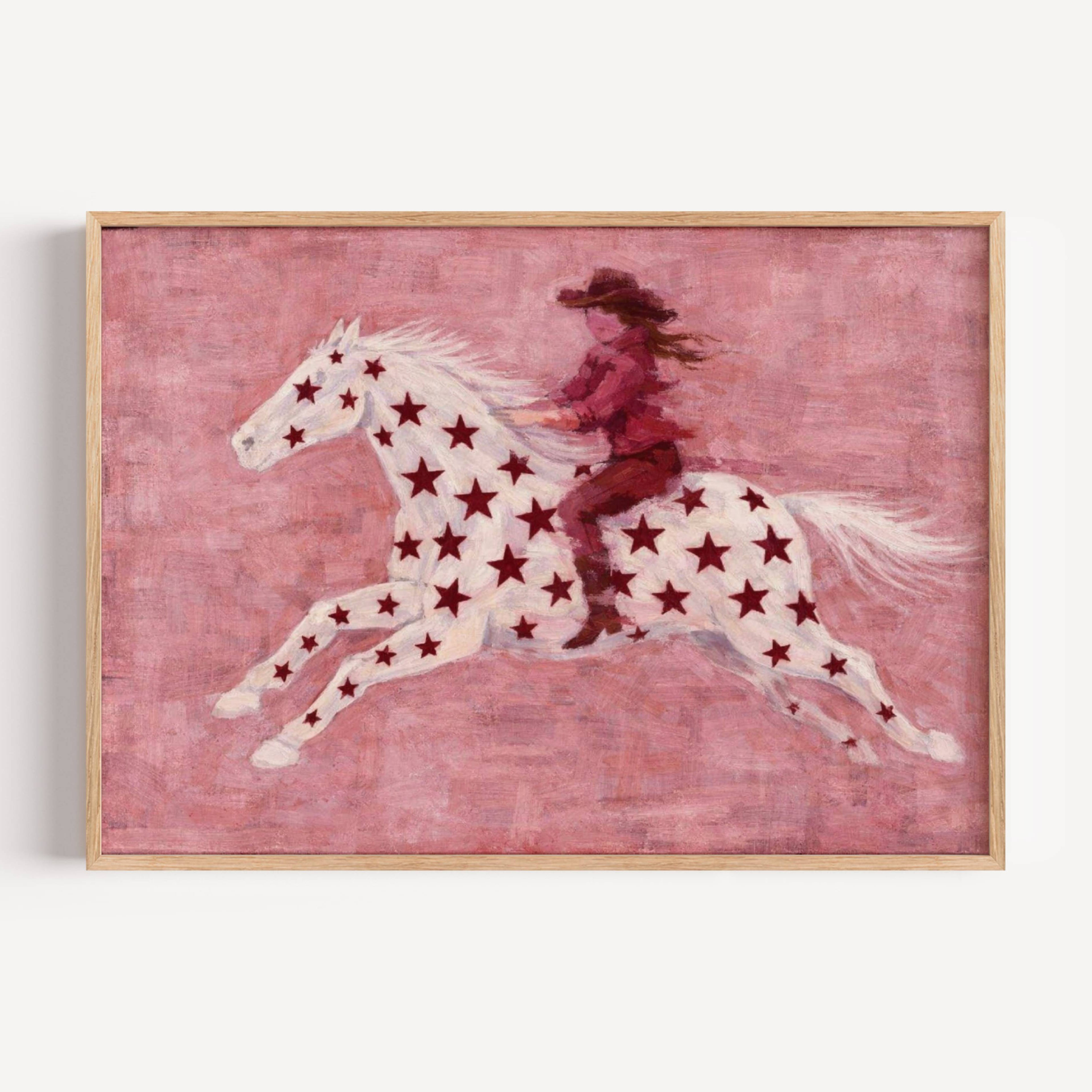contemporary western folk style artwork of a cowgirl woman riding a star patterned horse with red burgundy stars on a pink background. hand drawn painterly effect