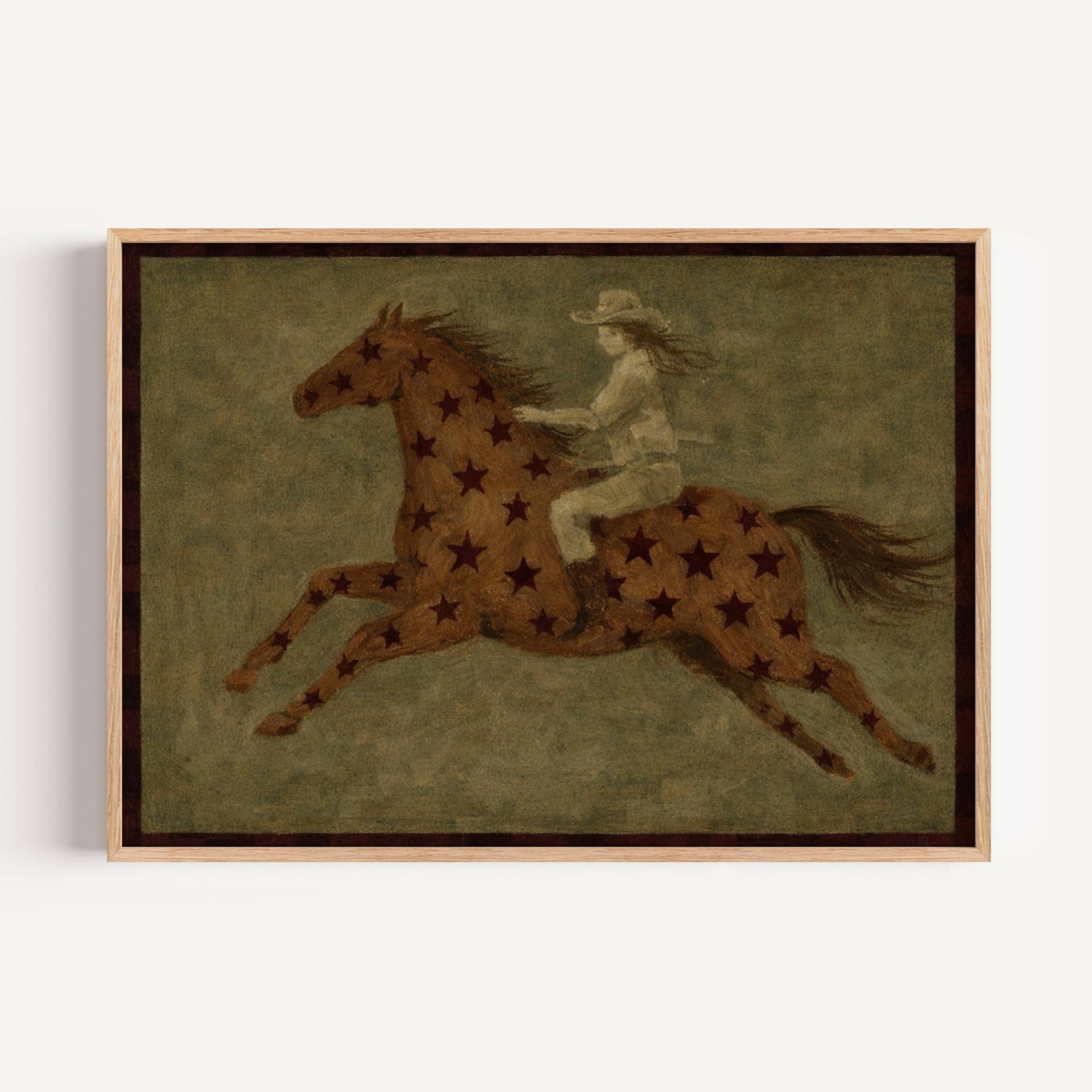contemporary western folk style artwork of a cowgirl woman riding a star patterned horse with brown stars on a khaki background. hand drawn painterly effect