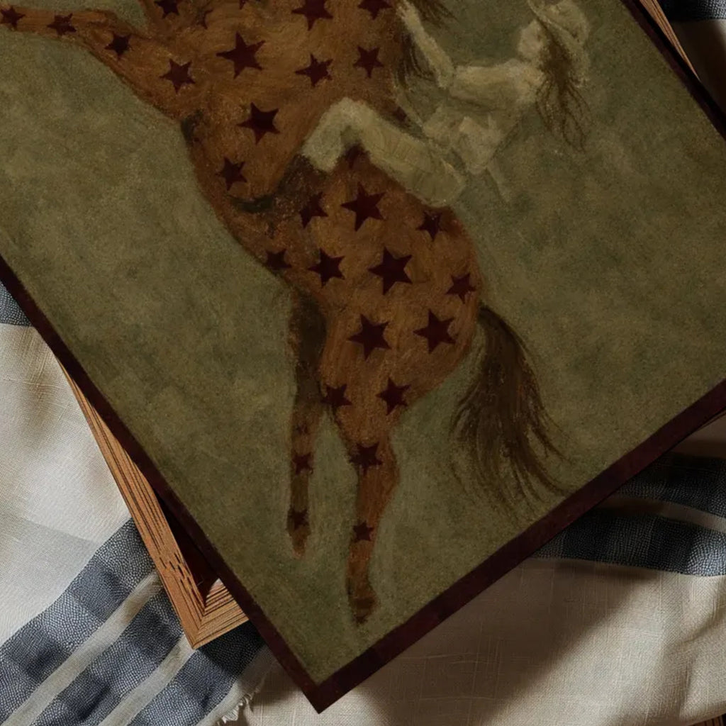 contemporary western folk style artwork of a cowgirl woman riding a star patterned horse with brown stars on a khaki background. hand drawn painterly effect