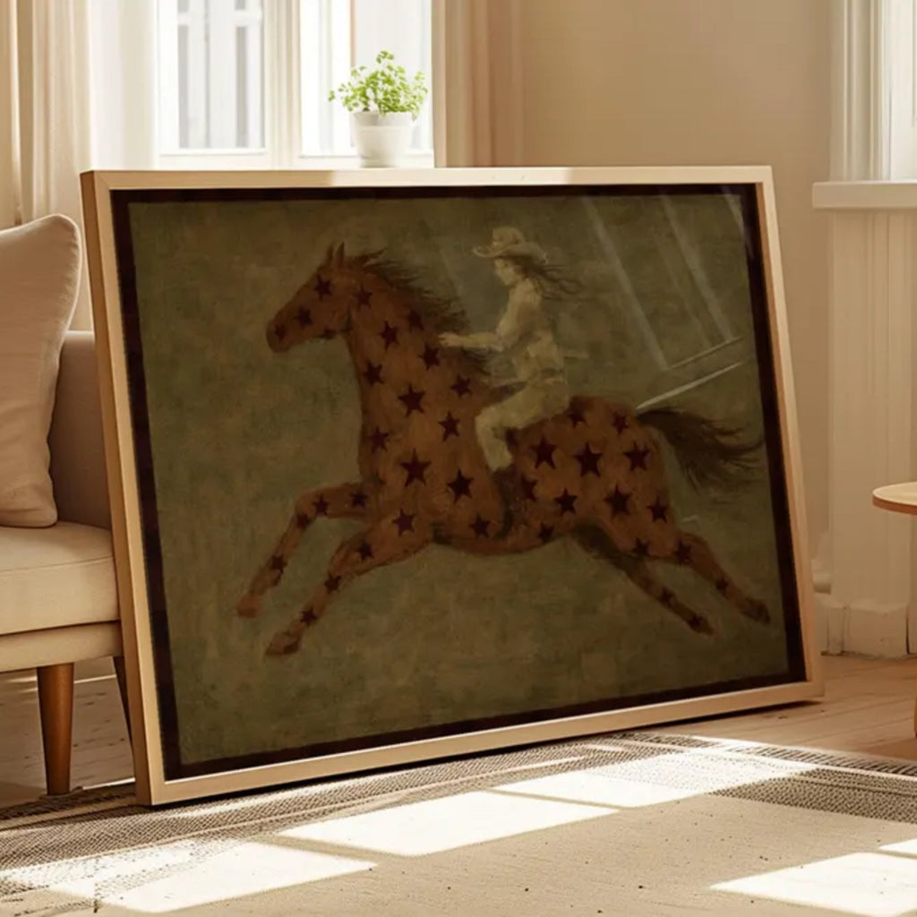 contemporary western folk style artwork of a cowgirl woman riding a star patterned horse with brown stars on a khaki background. hand drawn painterly effect