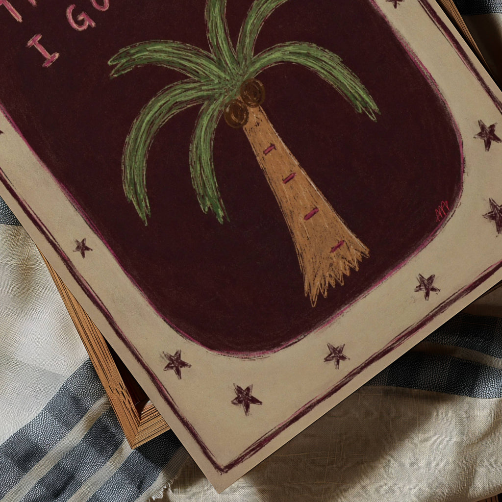 The Summer I Got Lucky is Centered around a playful hand-painted palm tree and framed by whimsical stars, the artwork blends nostalgic typography with expressive illustration, creating a piece that feels both carefree and deeply personal. Its rich earthy palette and naïve painterly style bring warmth, character and a touch of storytelling into contemporary interiors. for bedroom, living room or holiday home, it serves as a reminder that sometimes the most meaningful moments arrive quietly, disguised as ordi