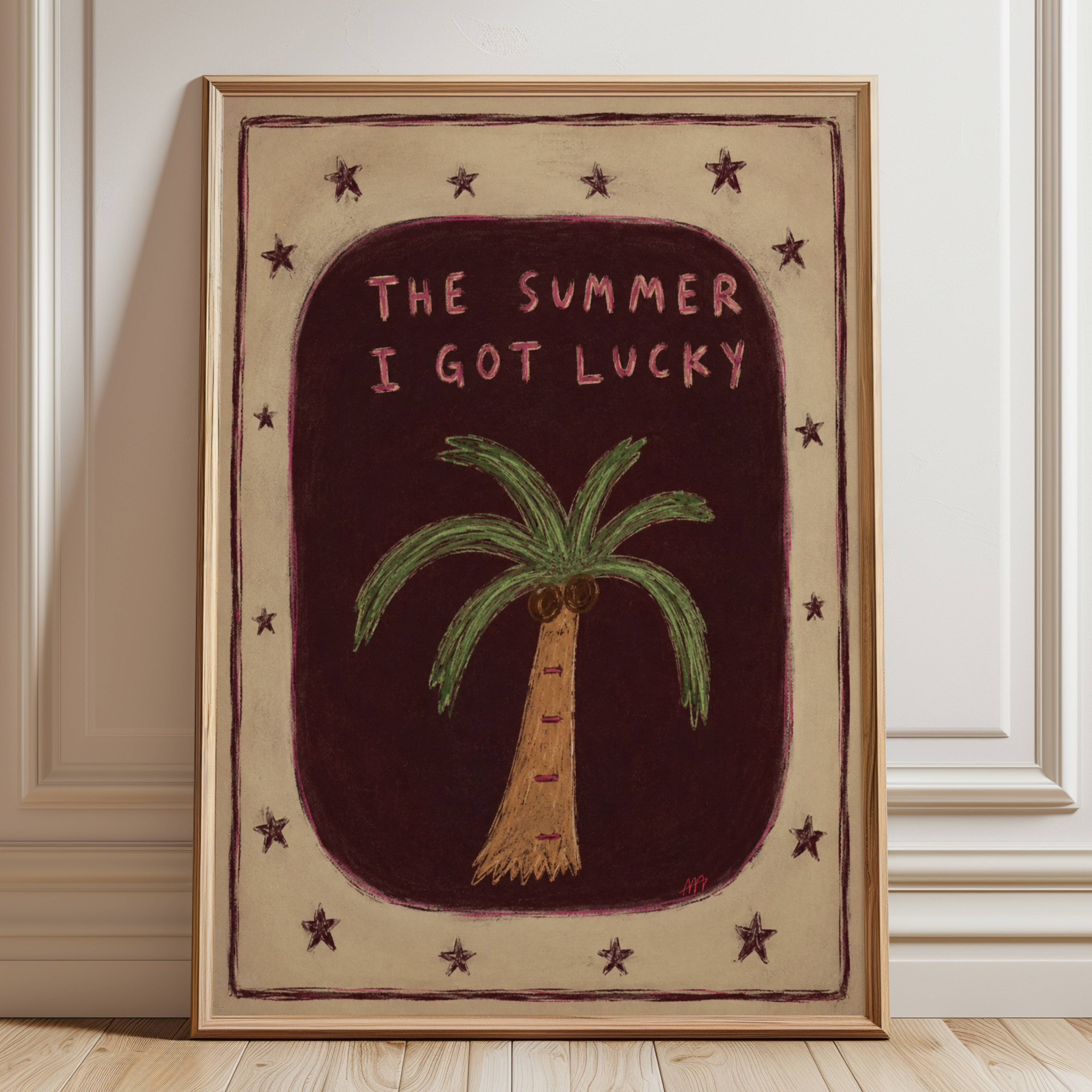 The Summer I Got Lucky is Centered around a playful hand-painted palm tree and framed by whimsical stars, the artwork blends nostalgic typography with expressive illustration, creating a piece that feels both carefree and deeply personal. Its rich earthy palette and naïve painterly style bring warmth, character and a touch of storytelling into contemporary interiors. for bedroom, living room or holiday home, it serves as a reminder that sometimes the most meaningful moments arrive quietly, disguised as ordi