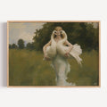 Framed painting of a woman holding swans in a natural setting