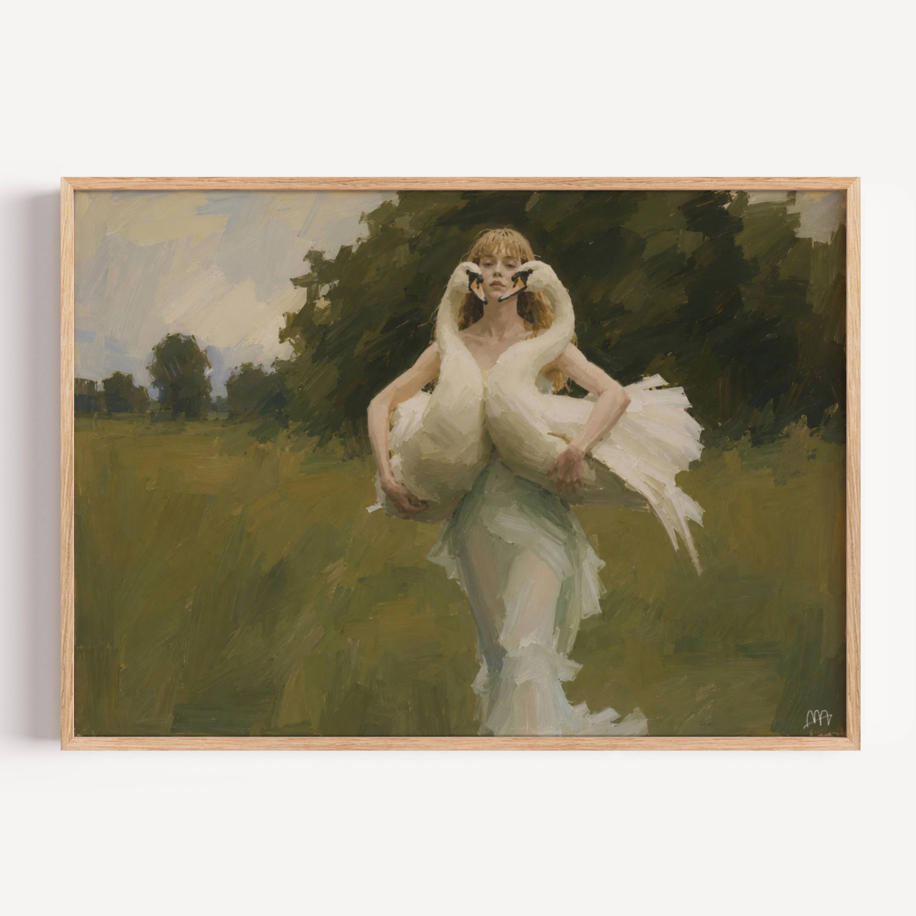 Framed painting of a woman holding swans in a natural setting