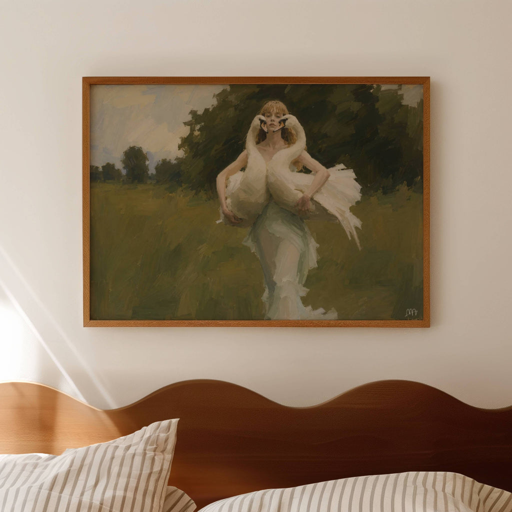 the swan keeper is a hand painted contemporary figurative wall art print of a woman with two white swans in her arms, inspired by contemporary figurative painting, cinematic images, the melancholy beauty of old films, bringing storytelling, atmosphere. large textured canva oil painting wall art print