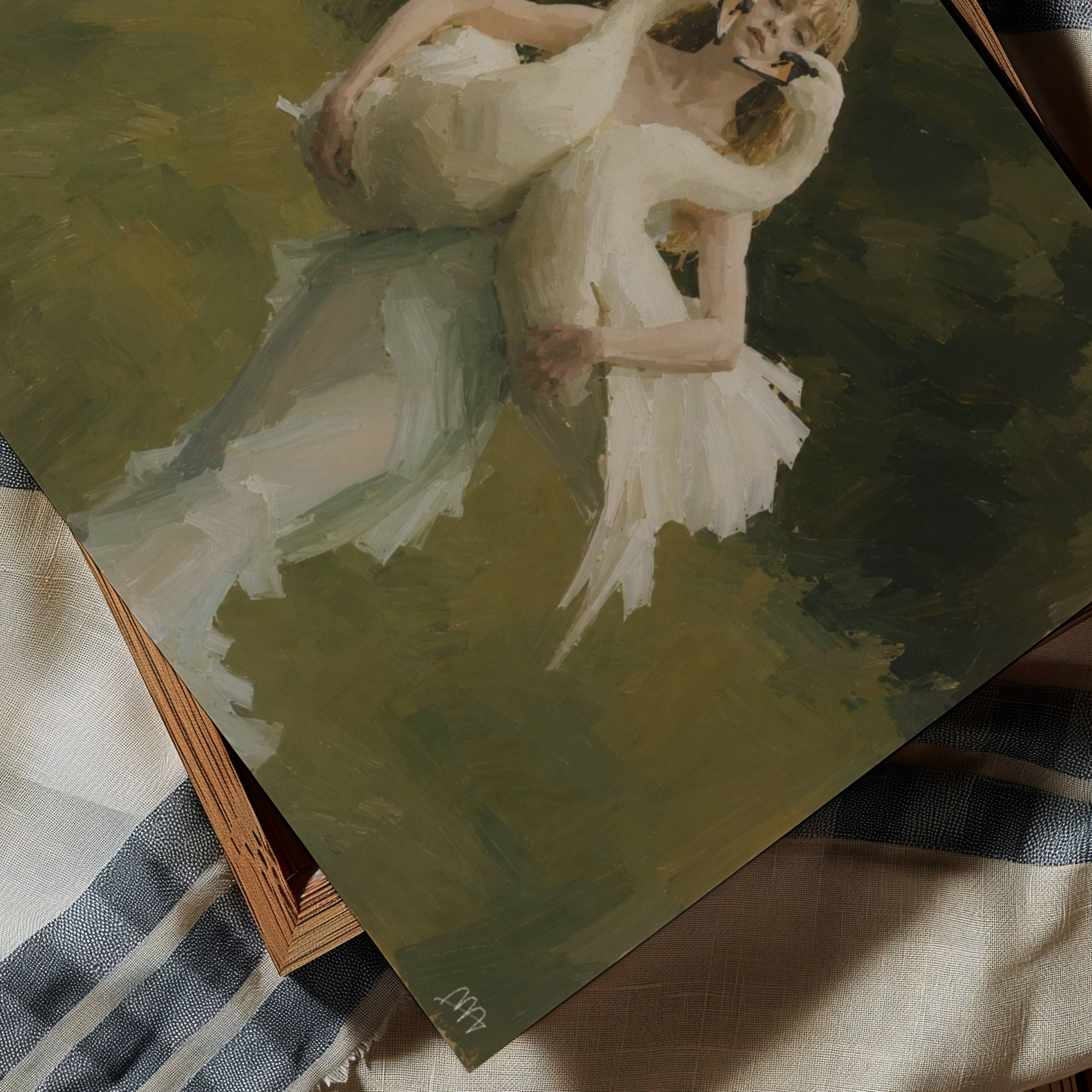 the swan keeper is a hand painted contemporary figurative wall art print of a woman with two white swans in her arms, inspired by contemporary figurative painting, cinematic images, the melancholy beauty of old films, bringing storytelling, atmosphere. large textured canva oil painting wall art print