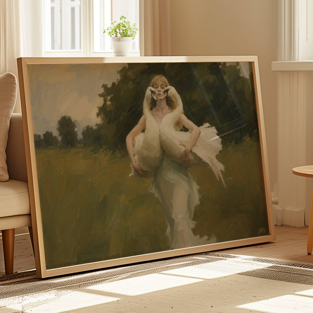 the swan keeper is a hand painted contemporary figurative wall art print of a woman with two white swans in her arms, inspired by contemporary figurative painting, cinematic images, the melancholy beauty of old films, bringing storytelling, atmosphere. large textured canva oil painting wall art print