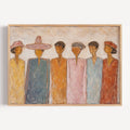The gathering is a hand painted wall art print featuring abstract people multicultural, in calm neutral tones, inspired by contemporary figurative aesthetic, fashion illustration and modern portaiture, celebrating the people who surround us, memories and conversations. Horizontal large canva oil painting wall art print