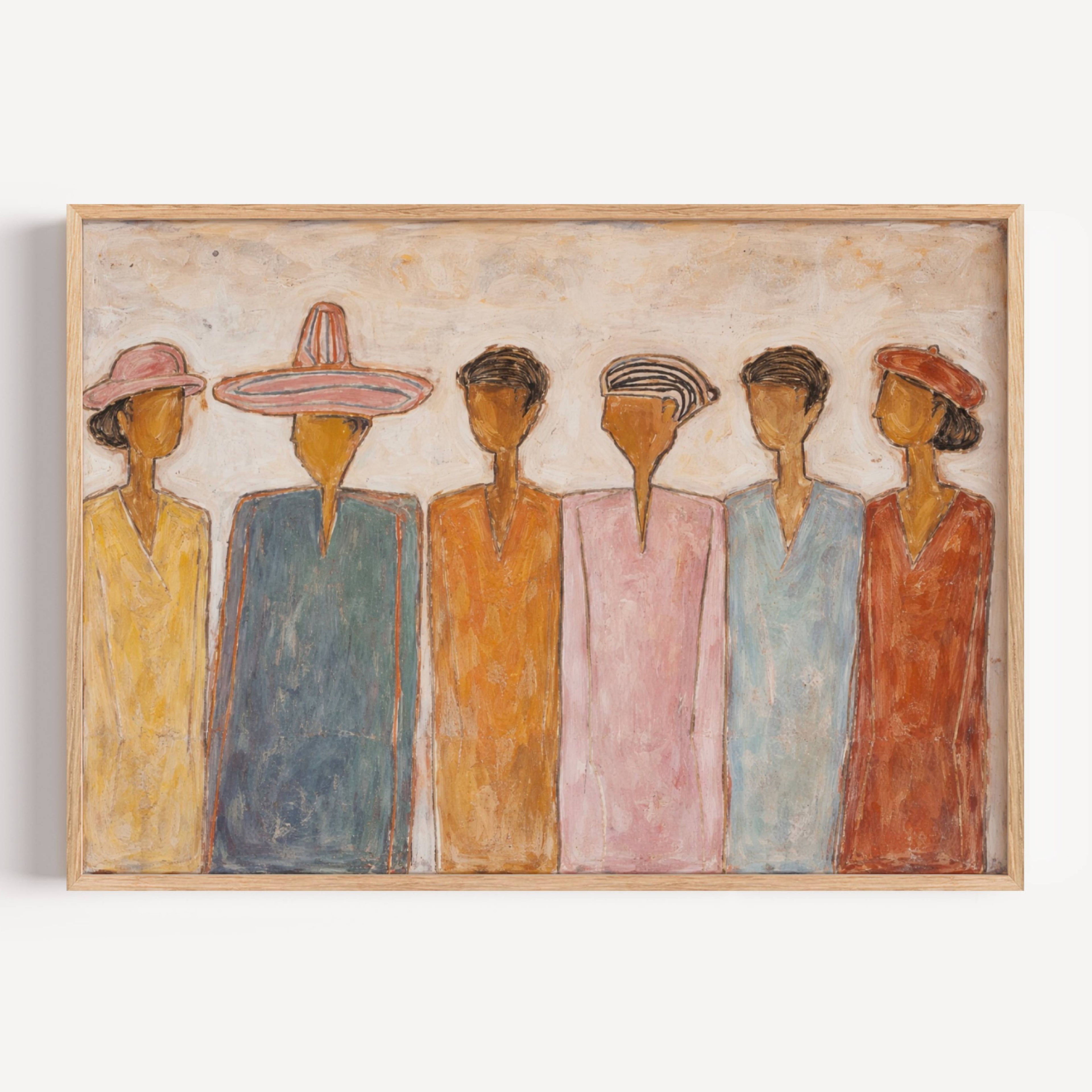 The gathering is a hand painted wall art print featuring abstract people multicultural, in calm neutral tones, inspired by contemporary figurative aesthetic, fashion illustration and modern portaiture, celebrating the people who surround us, memories and conversations. Horizontal large canva oil painting wall art print