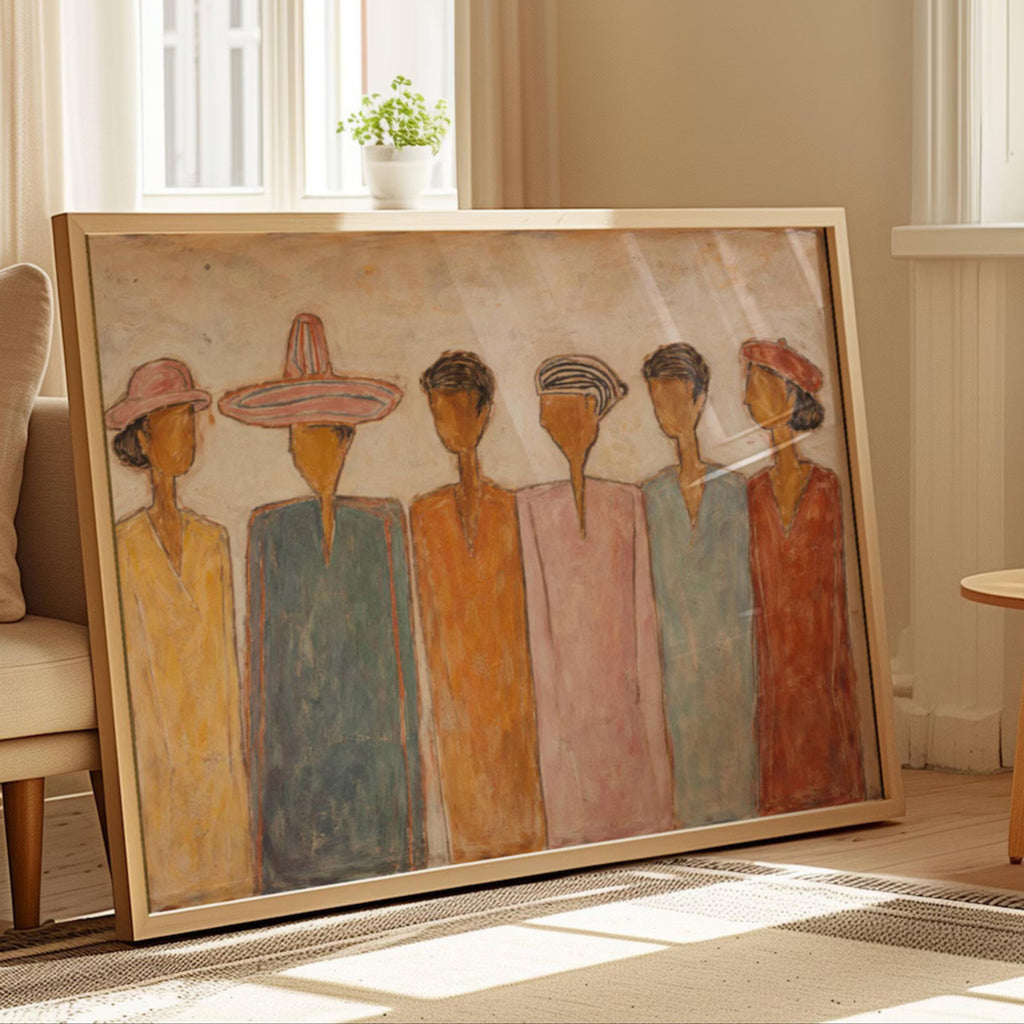 The gathering is a hand painted wall art print featuring abstract people multicultural, in calm neutral tones, inspired by contemporary figurative aesthetic, fashion illustration and modern portaiture, celebrating the people who surround us, memories and conversations. Horizontal large canva oil painting wall art print