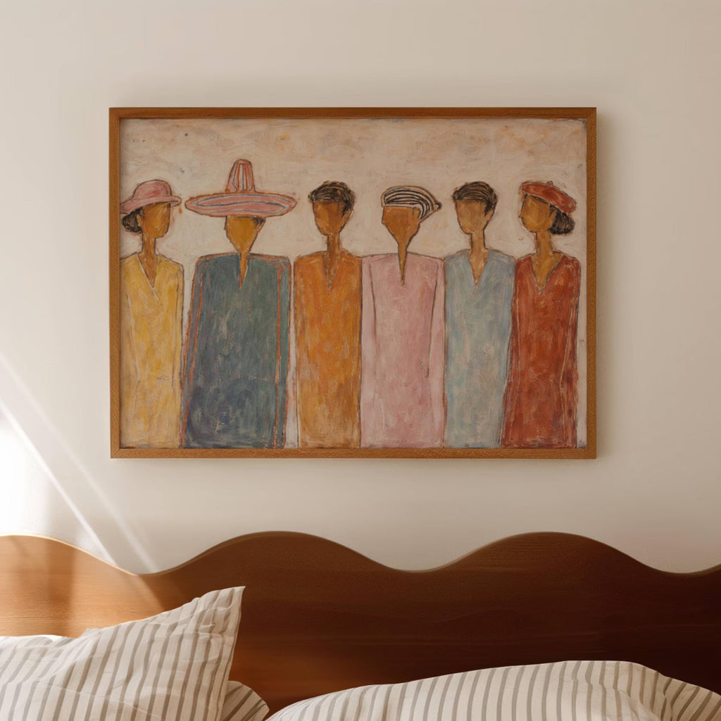 The gathering is a hand painted wall art print featuring abstract people multicultural, in calm neutral tones, inspired by contemporary figurative aesthetic, fashion illustration and modern portaiture, celebrating the people who surround us, memories and conversations. Horizontal large canva oil painting wall art print