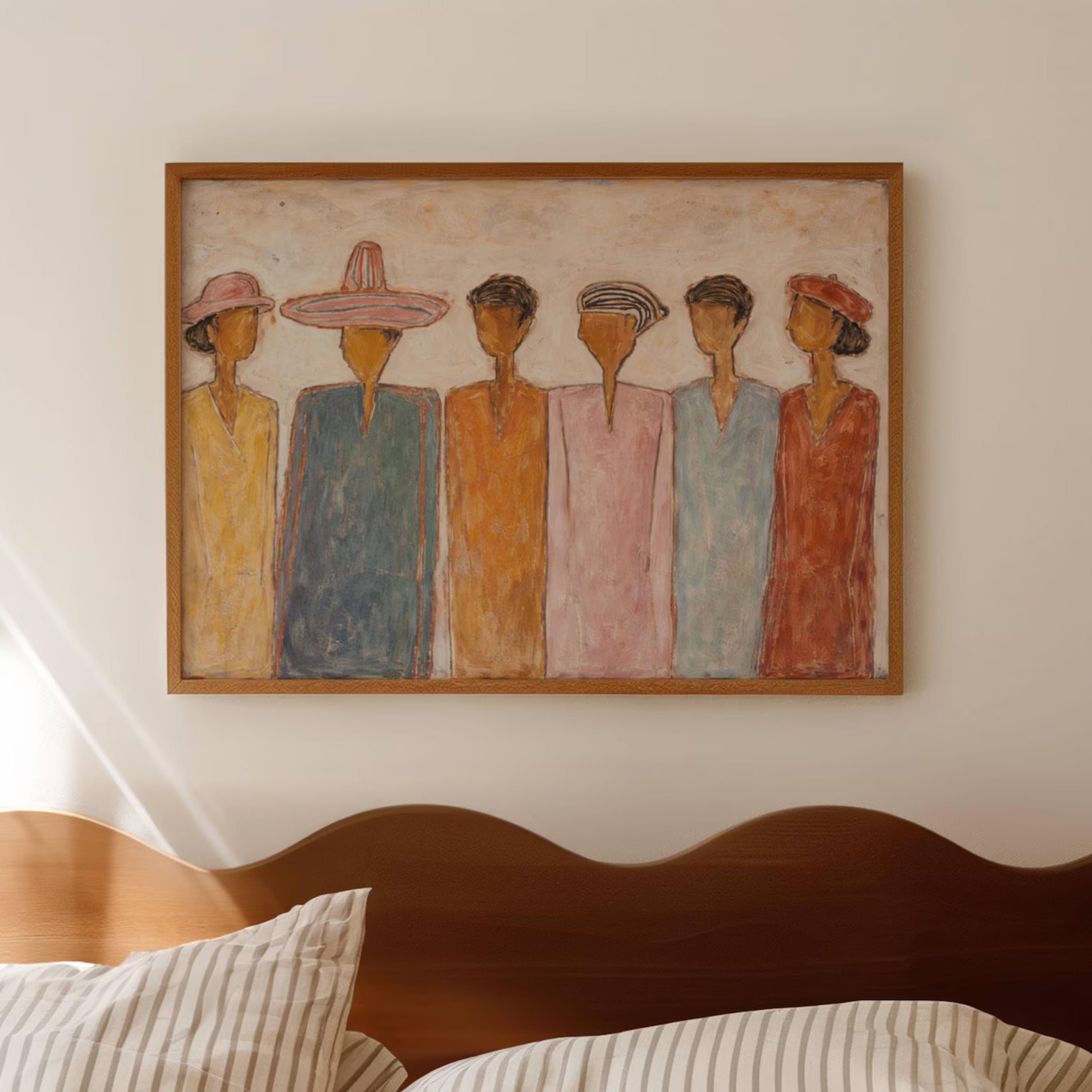 The gathering is a hand painted wall art print featuring abstract people multicultural, in calm neutral tones, inspired by contemporary figurative aesthetic, fashion illustration and modern portaiture, celebrating the people who surround us, memories and conversations. Horizontal large canva oil painting wall art print