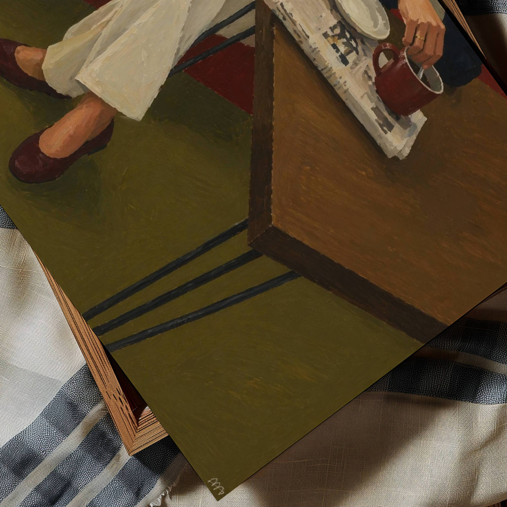 The reading hour is a hand painted Contemporary and figurative wall art print featuring a seated figure, coffee and newspaper, inspired by nostalgic mid century European cafe aesthetics, against a khaki and brown background with expressive painterly texture. Minimalist Mid century modern oil painting in cinematic nostalgia composition.