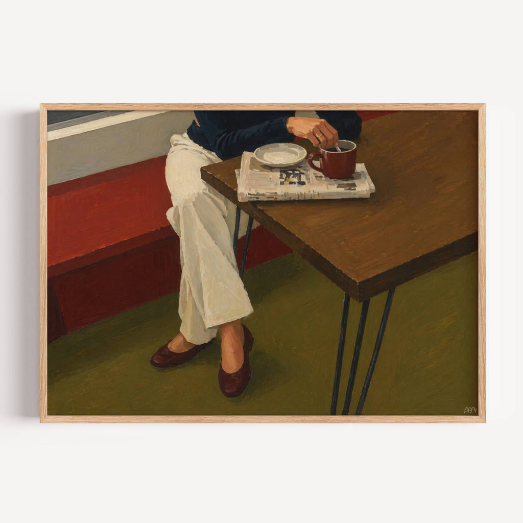 The reading hour is a hand painted Contemporary and figurative wall art print featuring a seated figure, coffee and newspaper, inspired by nostalgic mid century European cafe aesthetics, against a khaki and brown background with expressive painterly texture. Minimalist Mid century modern oil painting in cinematic nostalgia composition.