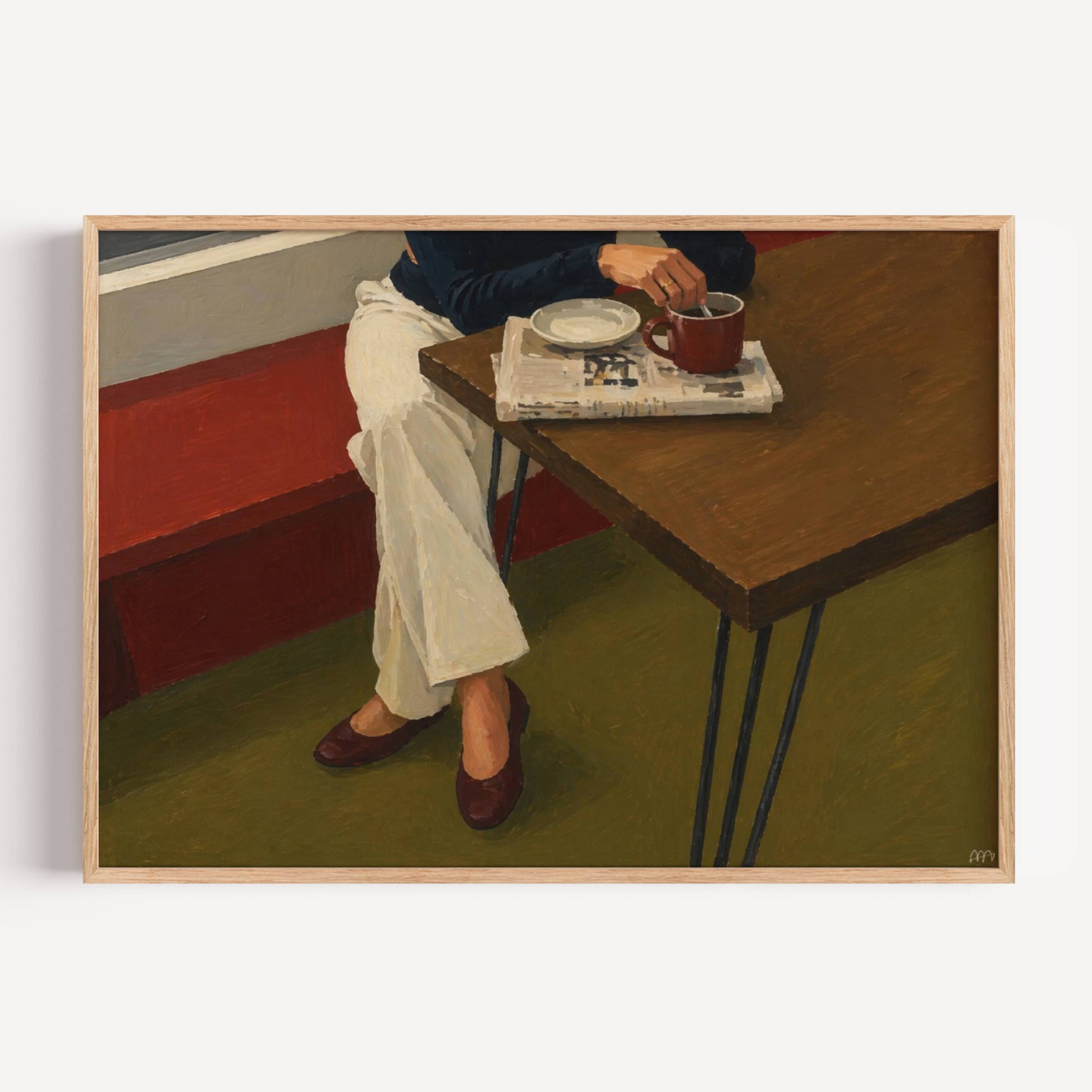 The reading hour is a hand painted Contemporary and figurative wall art print featuring a seated figure, coffee and newspaper, inspired by nostalgic mid century European cafe aesthetics, against a khaki and brown background with expressive painterly texture. Minimalist Mid century modern oil painting in cinematic nostalgia composition.