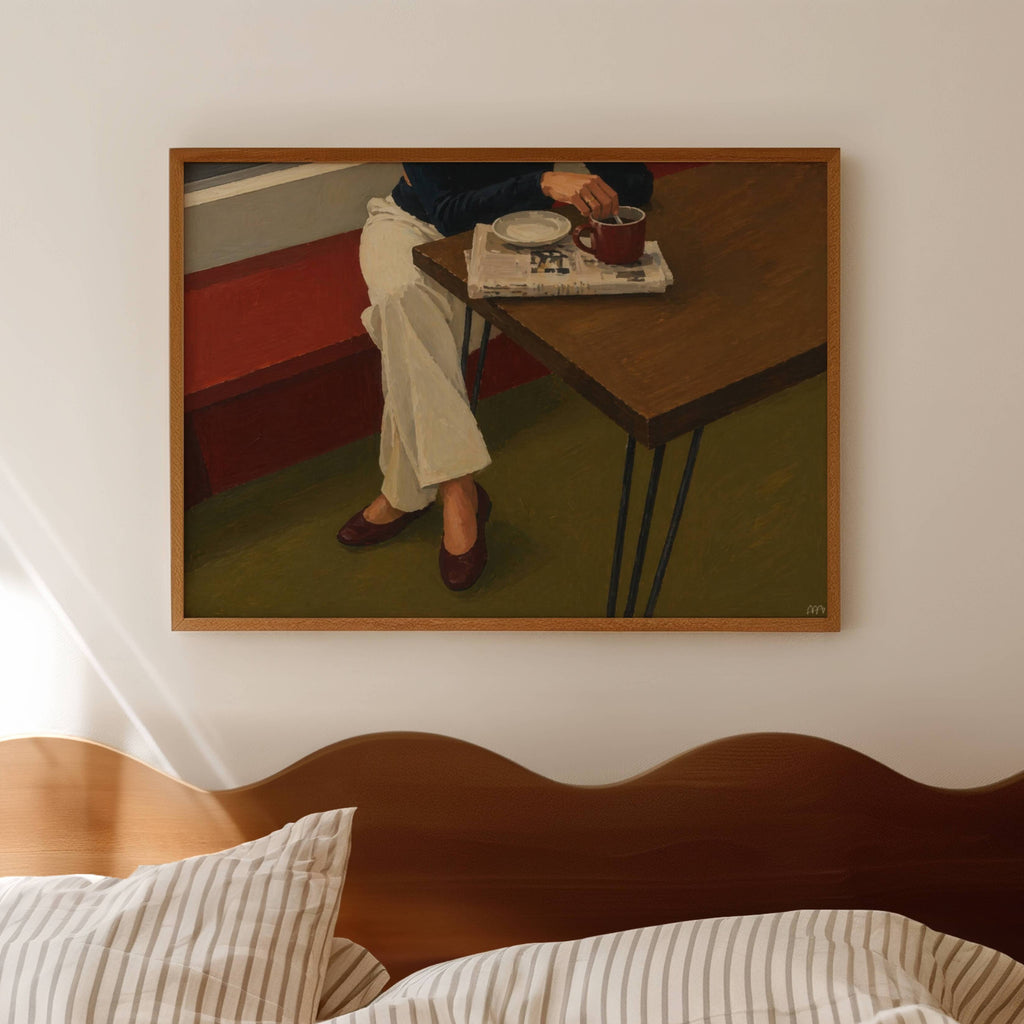The reading hour is a hand painted Contemporary and figurative wall art print featuring a seated figure, coffee and newspaper, inspired by nostalgic mid century European cafe aesthetics, against a khaki and brown background with expressive painterly texture. Minimalist Mid century modern oil painting in cinematic nostalgia composition.
