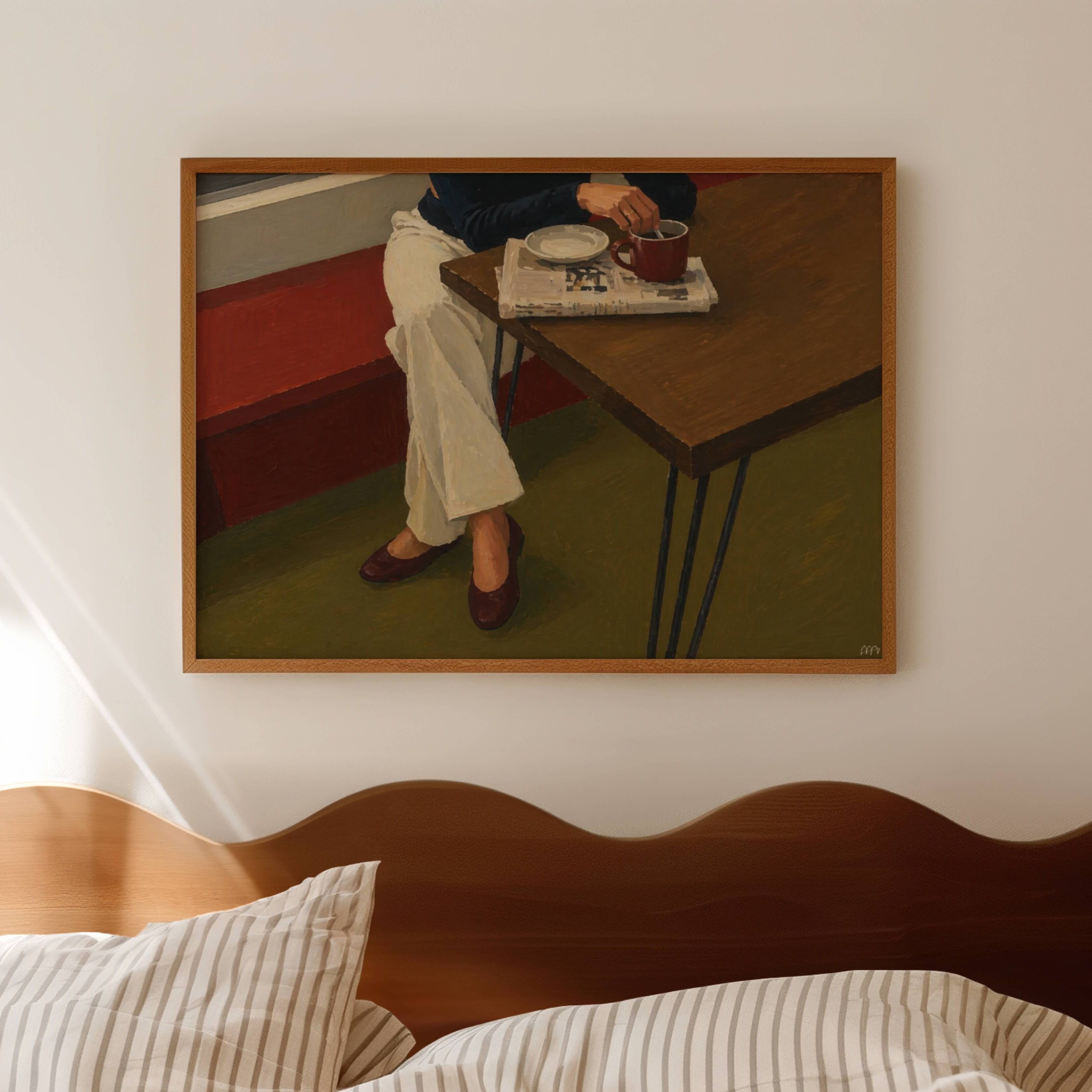 The reading hour is a hand painted Contemporary and figurative wall art print featuring a seated figure, coffee and newspaper, inspired by nostalgic mid century European cafe aesthetics, against a khaki and brown background with expressive painterly texture. Minimalist Mid century modern oil painting in cinematic nostalgia composition.