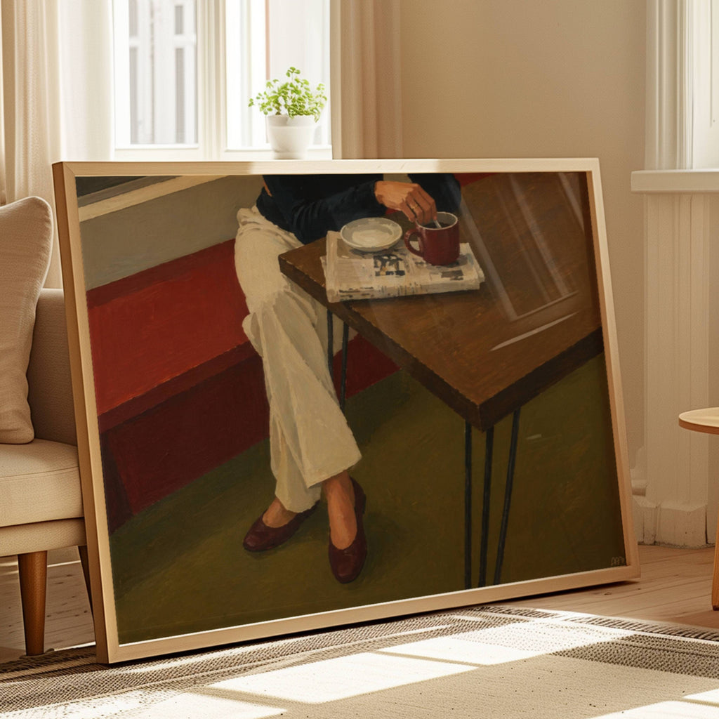 The reading hour is a hand painted Contemporary and figurative wall art print featuring a seated figure, coffee and newspaper, inspired by nostalgic mid century European cafe aesthetics, against a khaki and brown background with expressive painterly texture. Minimalist Mid century modern oil painting in cinematic nostalgia composition.