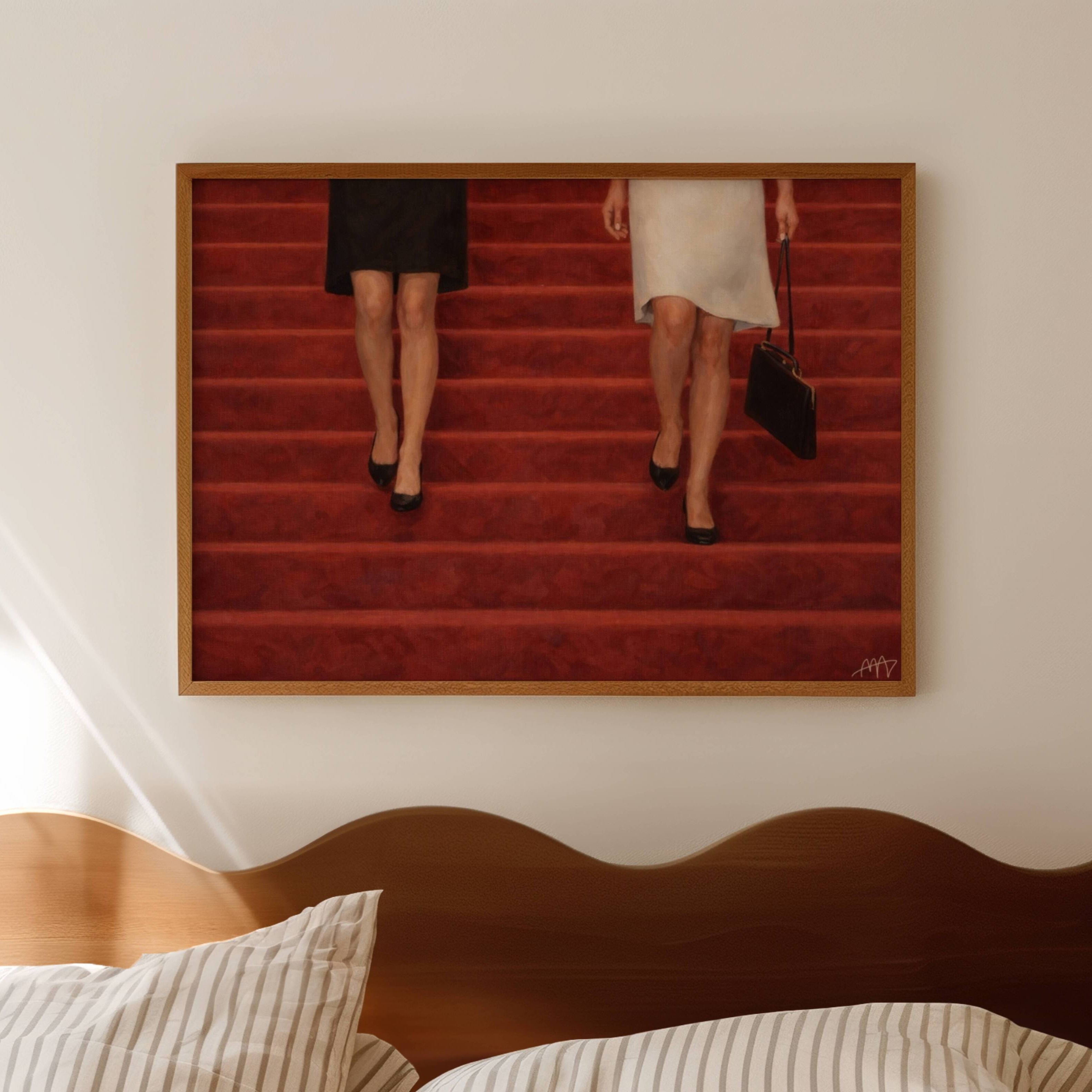 The red Staircase is a hand painted Contemporary and figurative wall art of two women descending deep red stairs, inspired by European cinema and nostalgic mid century aesthetics, against a red background with expressive painterly texture. Minimalist Feminine Mid century modern oil painting in cinematic nostalgia composition.
