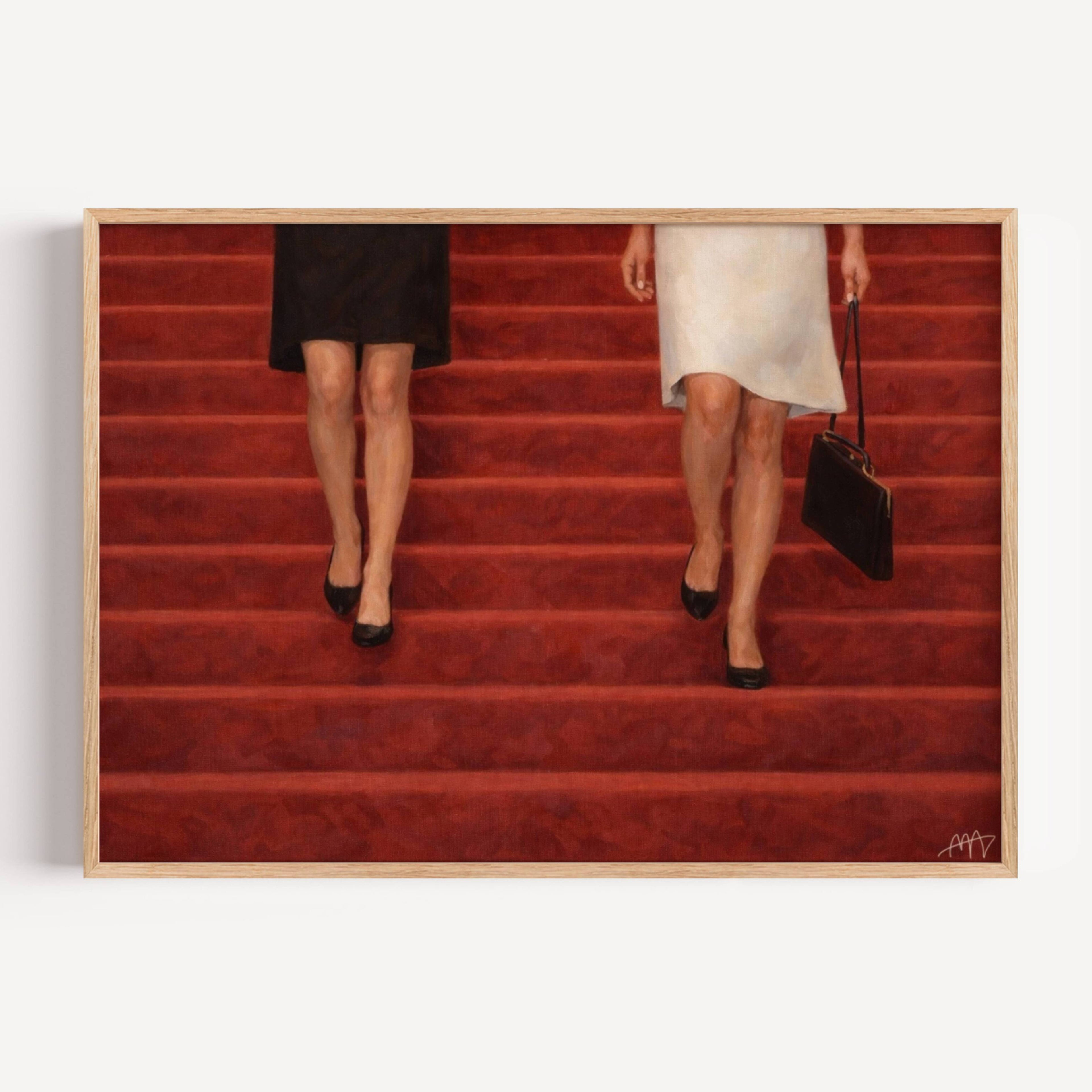 The red Staircase is a hand painted Contemporary and figurative wall art of two women descending deep red stairs, inspired by European cinema and nostalgic mid century aesthetics, against a red background with expressive painterly texture. Minimalist Feminine Mid century modern oil painting in cinematic nostalgia composition.
