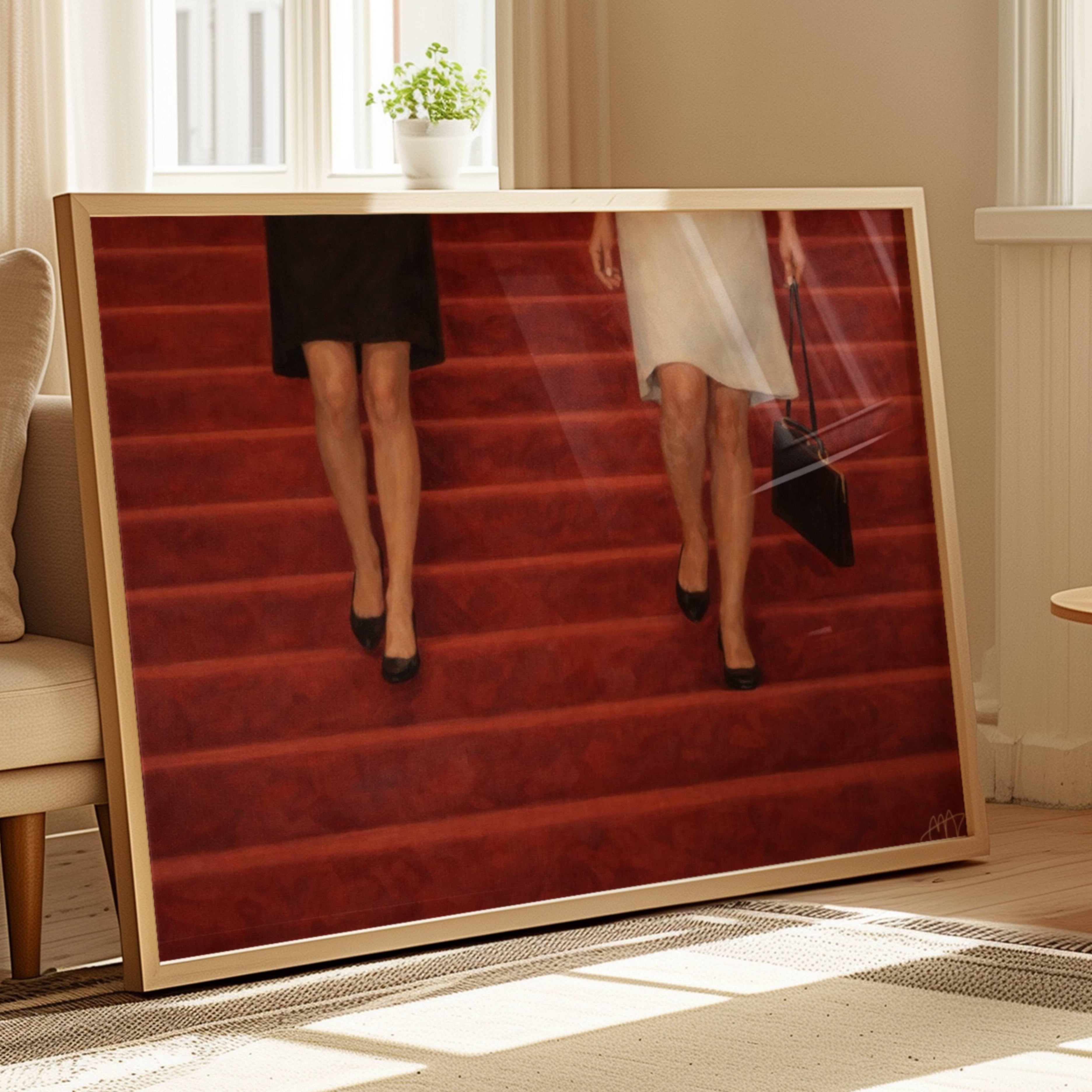 The red Staircase is a hand painted Contemporary and figurative wall art of two women descending deep red stairs, inspired by European cinema and nostalgic mid century aesthetics, against a red background with expressive painterly texture. Minimalist Feminine Mid century modern oil painting in cinematic nostalgia composition.
