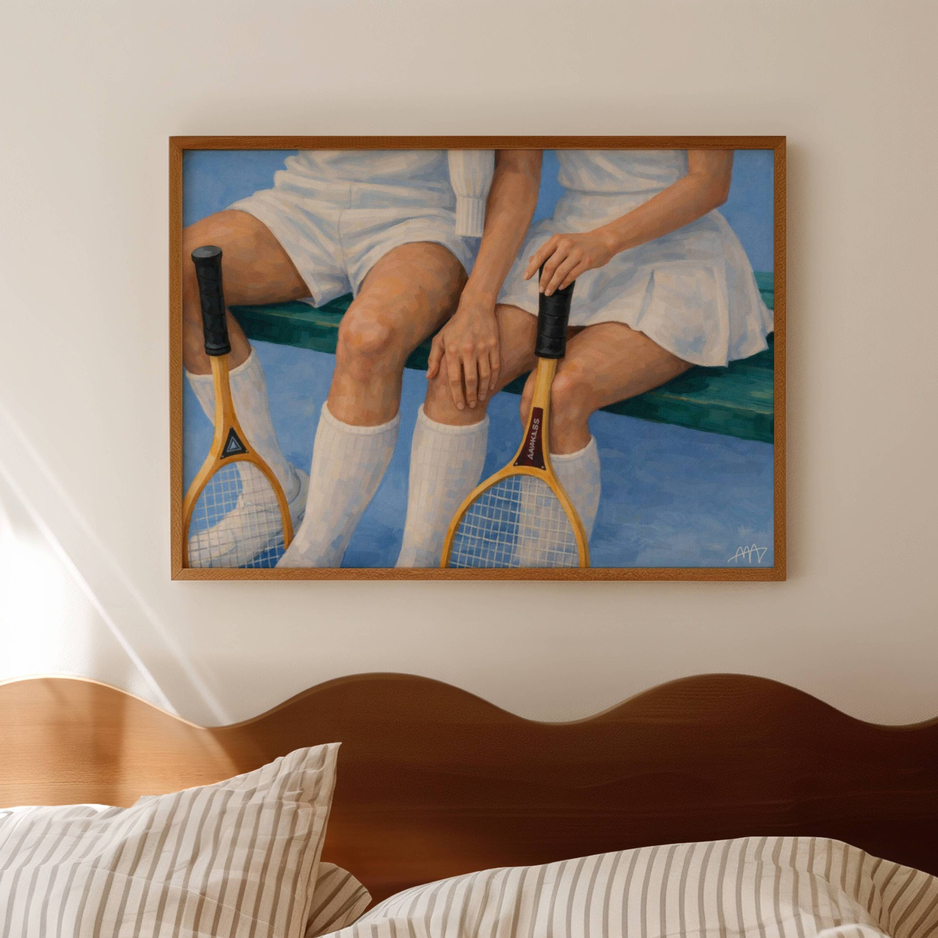 The tennis club is a hand painted Contemporary and figurative wall art of two tennis players / a couple seated with vintage rackets, inspired by nostalgic mid century summer aesthetics, against a blue background with expressive painterly texture. Minimalist Mid century modern oil painting in cinematic nostalgia composition.