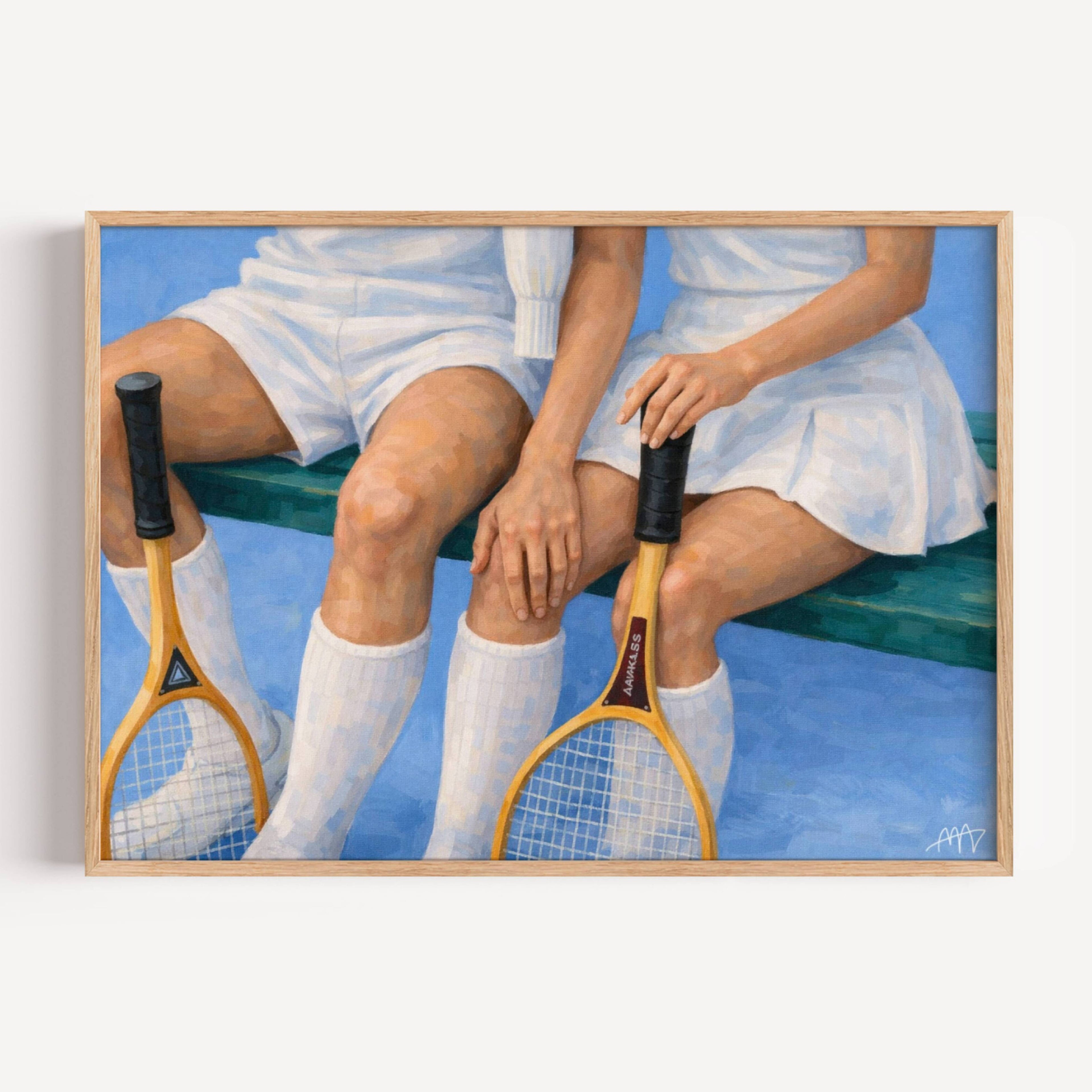 The tennis club is a hand painted Contemporary and figurative wall art of two tennis players / a couple seated with vintage rackets, inspired by nostalgic mid century summer aesthetics, against a blue background with expressive painterly texture. Minimalist Mid century modern oil painting in cinematic nostalgia composition.