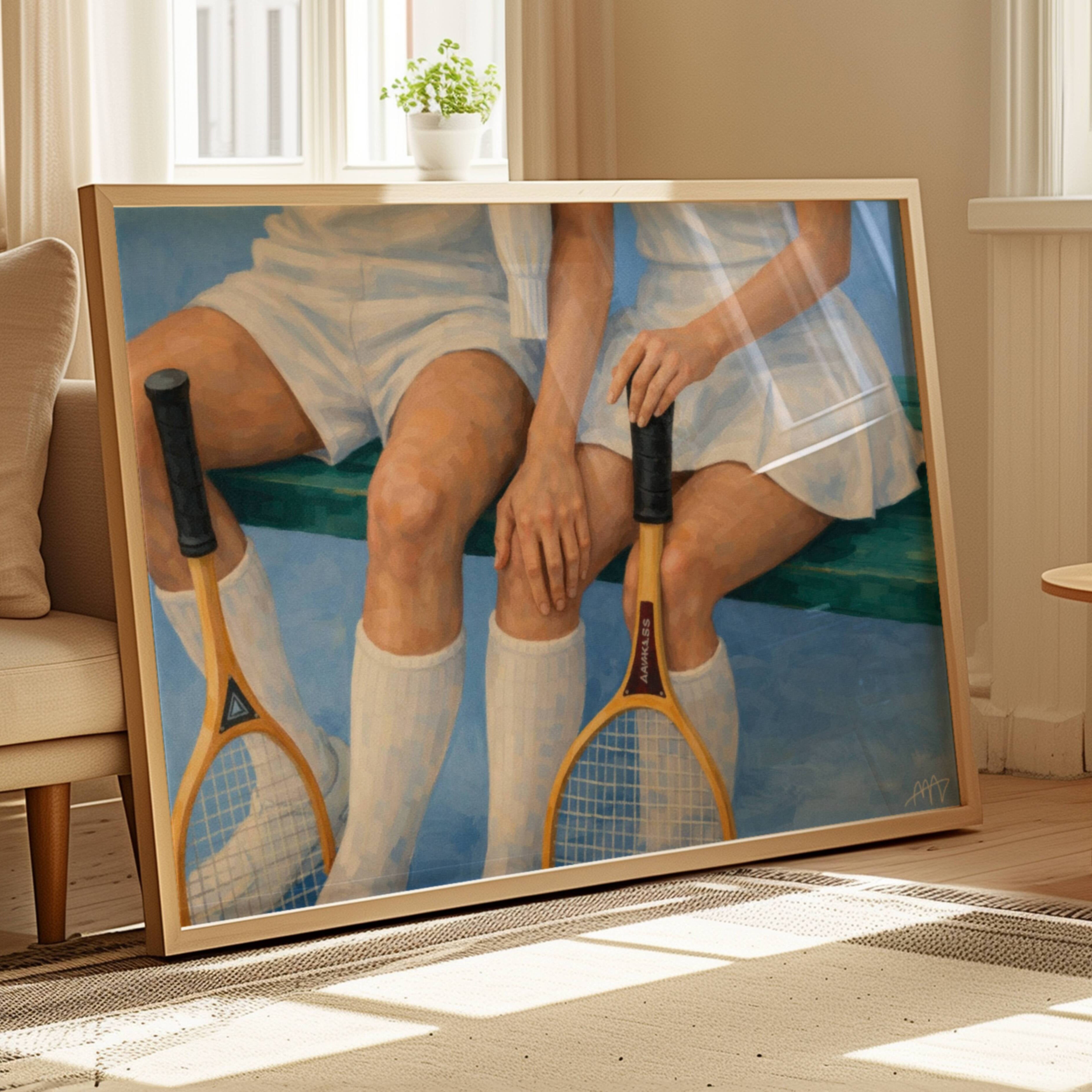 The tennis club is a hand painted Contemporary and figurative wall art of two tennis players / a couple seated with vintage rackets, inspired by nostalgic mid century summer aesthetics, against a blue background with expressive painterly texture. Minimalist Mid century modern oil painting in cinematic nostalgia composition.