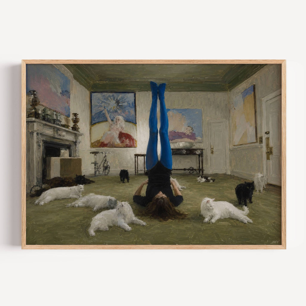 touch grass is a hand drawn contemporary figurative wall art print of a girl upside down in a yoga position surrounded by cats, inspired by contemporary figurative painting, cinematic images, the melancholy beauty of old films, bringing storytelling, atmosphere and fashion. large textured canva oil painting wall art print
