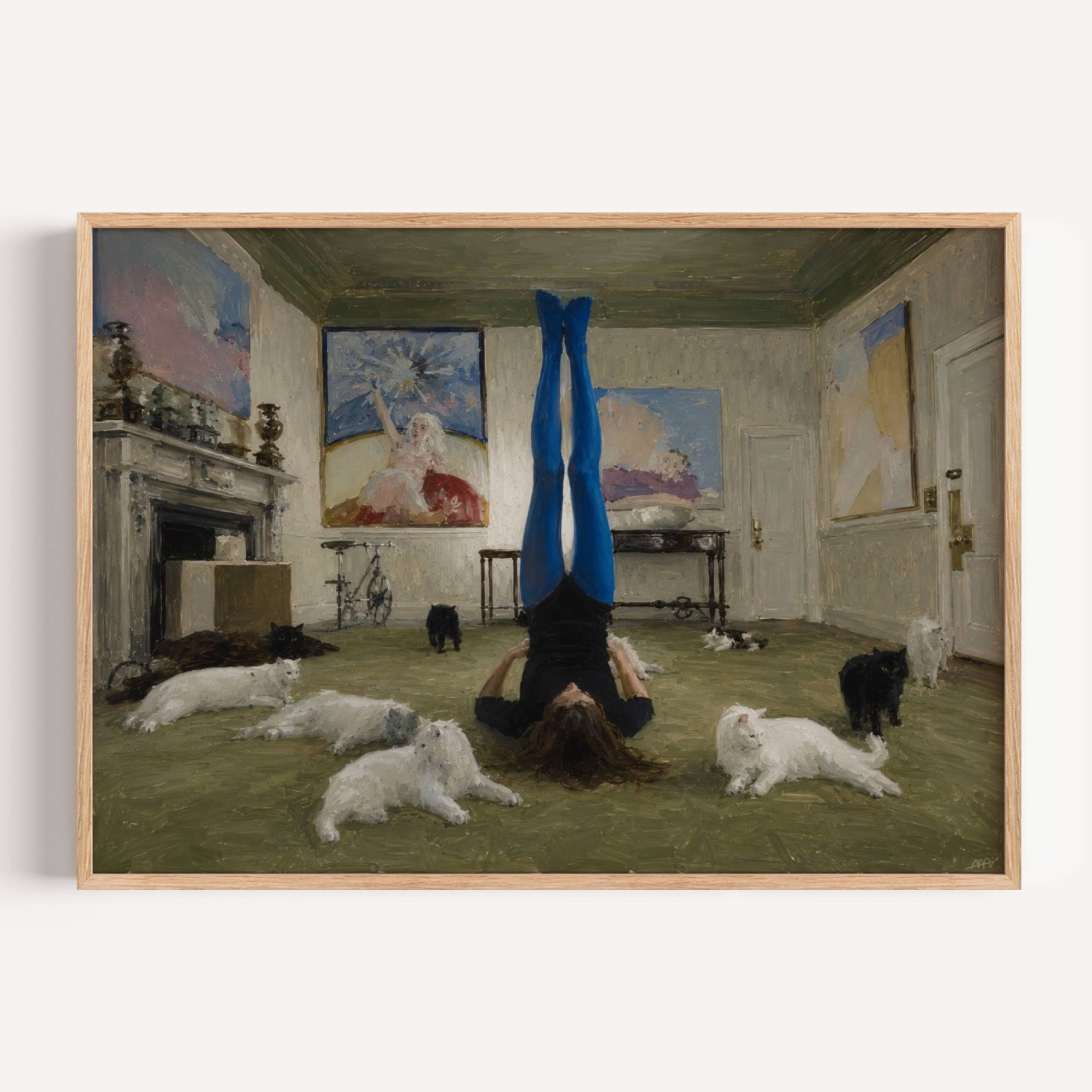 touch grass is a hand drawn contemporary figurative wall art print of a girl upside down in a yoga position surrounded by cats, inspired by contemporary figurative painting, cinematic images, the melancholy beauty of old films, bringing storytelling, atmosphere and fashion. large textured canva oil painting wall art print