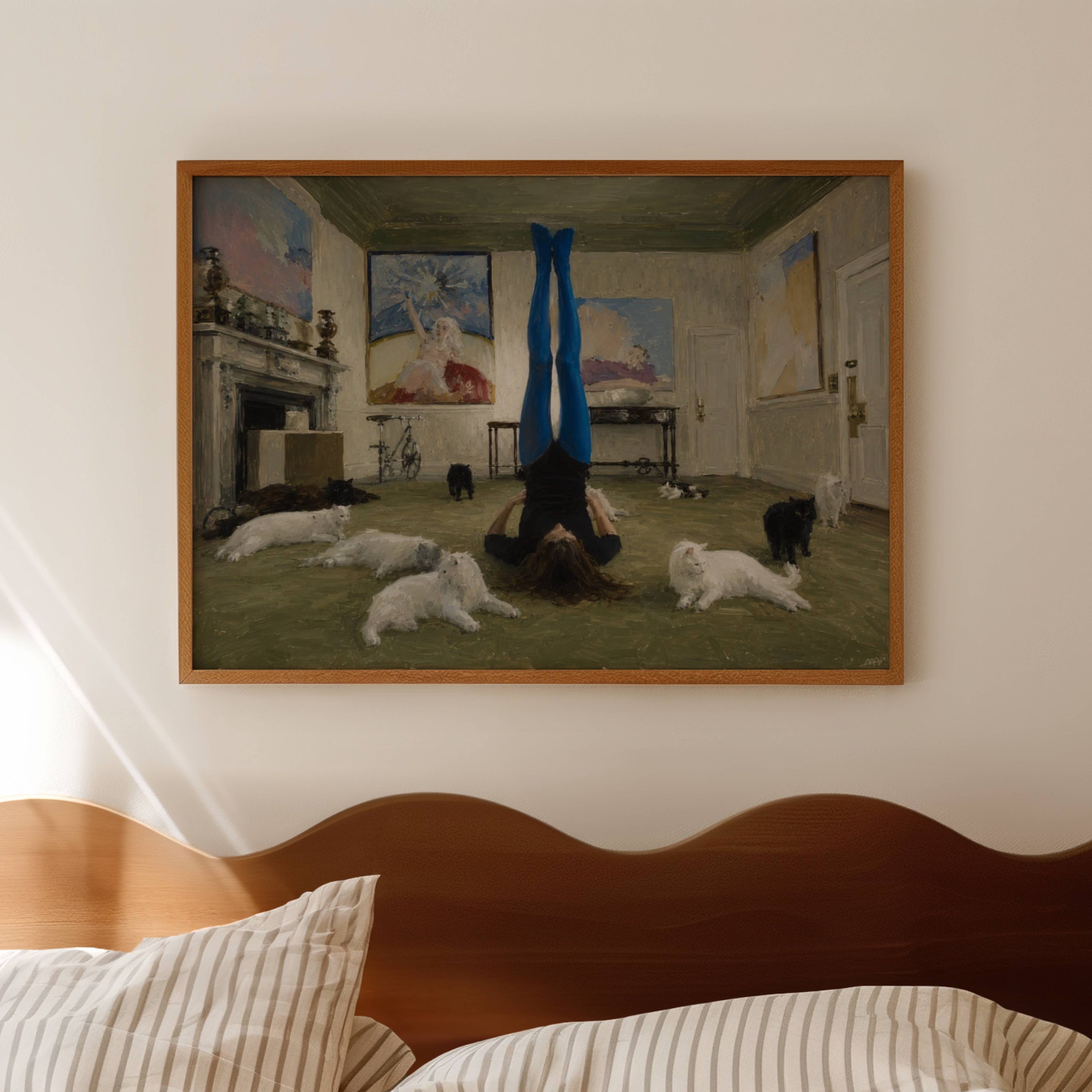 Touch Grass is a hand painted contemporary figurative wall art print of a girl upside down in a yoga position surrounded by cats, inspired by contemporary figurative painting, cinematic images, the melancholy beauty of old films, bringing storytelling, atmosphere and fashion. large textured canva oil painting wall art print