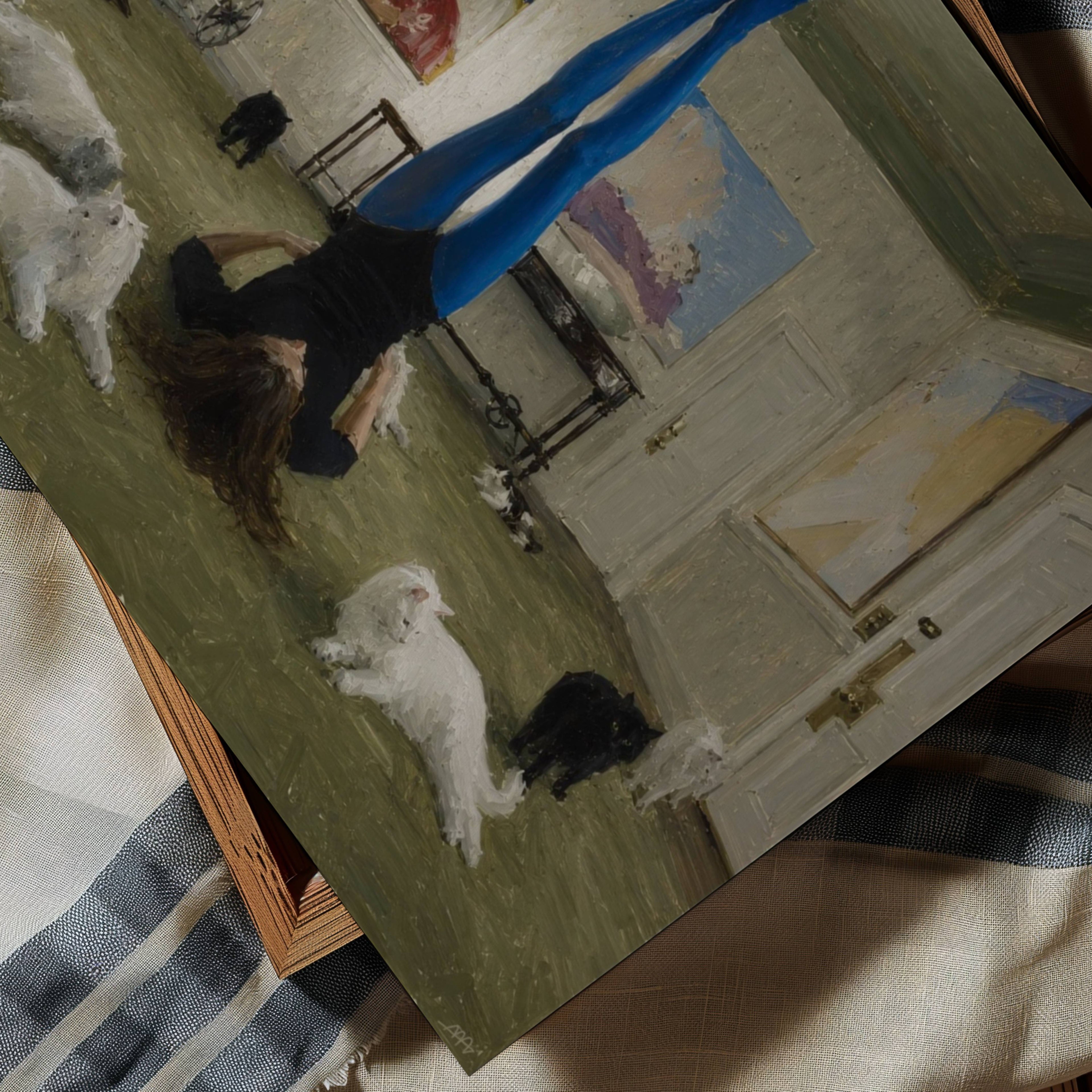 Touch Grass is a hand painted contemporary figurative wall art print of a girl upside down in a yoga position surrounded by cats, inspired by contemporary figurative painting, cinematic images, the melancholy beauty of old films, bringing storytelling, atmosphere and fashion. large textured canva oil painting wall art print